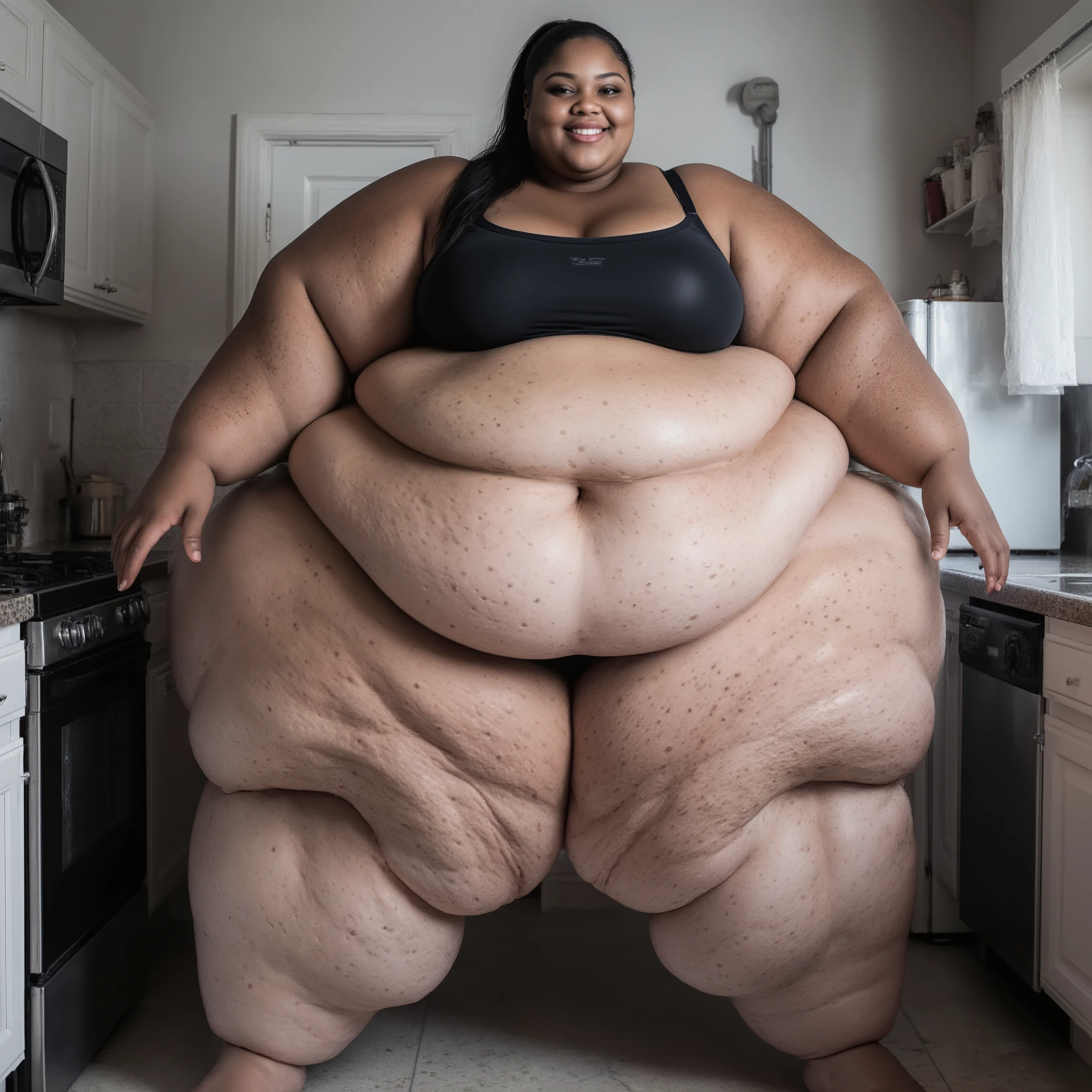A photorealistic, full-body photograph of the most extremel morbidly oBESE, extremely PLUS-SIZED, SSBBW, beautiful teenage woman ima SSBBW black woman imaginable, a true behemoth weighing well over 2000 pounds, her immense frame utterly engulfed by endless overlapping layers of quivering, dense fat that cascades in profound rolls and folds across every conceivable inch, dominating the kitchen scene with her sheer, unbridled scale. She stands heavily in her cozy kitchen, counters and appliances dwarfed by her presence, with a gigantic sagging belly, enveloping her enormous hips that spill outward like overflowing shelves and merging into monolithic thighs fused into a single, thunderous pillar of dimpled, cellulite-cradled blubber. Her body is smothered in hyper-detailed fat textures—deep creases, overlapping lobes, and profound dimples everywhere—while she wears a tiny black micro bikini that strains futilely against her gigantic sagging breasts, each larger than boulders and barely contained, straps digging into the soft flesh with pendulous underboob spilling free. Behind her, an epic overhanging ass forms a colossal mass that shelves out like a monumental ledge, her colossal pendulous arms buried in bingo-wing flab so thick they resemble ancient trunks, ending in bloated hands and feet swollen with adipose. Multiple thick chins cascade into a neck vanished under rolls, yet her face remains beautifully seductive and profoundly fat—with plump lips, pudgy cheeks, and youthful African American features, rich brown skin glowing warmly, black hair tied in a high ponytail—as she smiles enticingly at the viewer, eyes locked in sultry invitation. Ultra-photorealistic 8K image, hyper-detailed skin with visible pores, cellulite craters, stretch marks, and glistening sweat beads; global illumination and deep shadows emphasizing the profound depths of her fat folds, high dynamic range for lifelike contrast and texture.