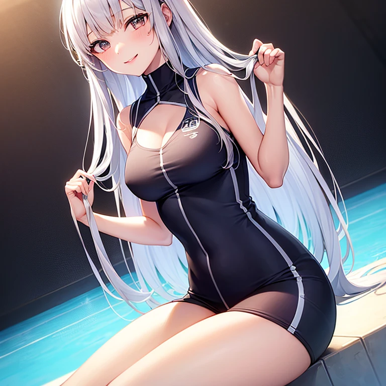 av idol, 32-years-old girl with brown eyes, and white hair that is shoulder length with bangs. Her body is more curvaceous. wearing a ???? while and blue track outfit with black sneakers, in the shower, getting wet, high_resolution, kneeling, back turned to the camera