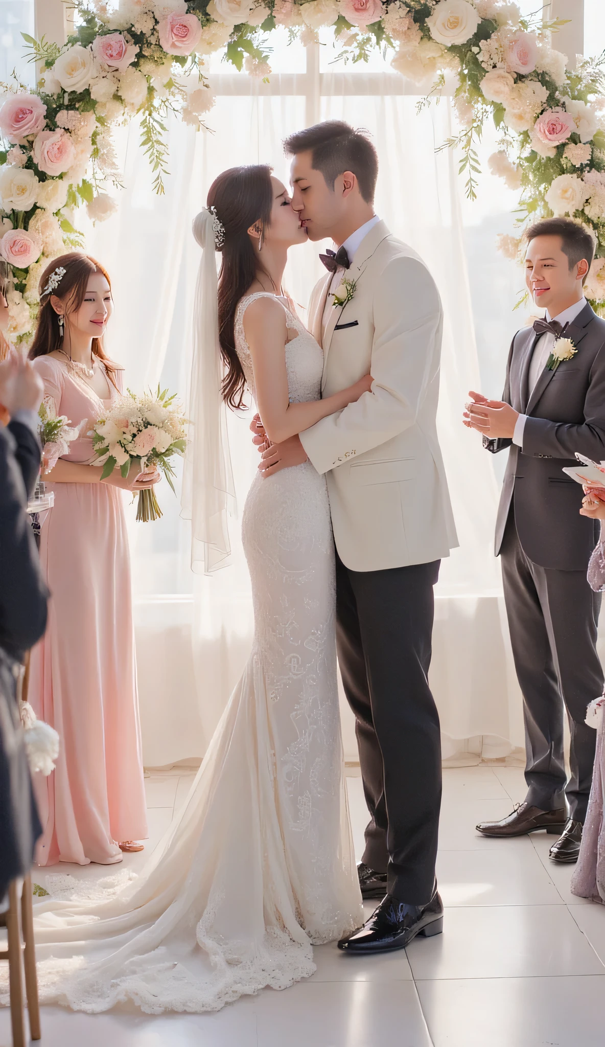 A super slim Japanese beauty and an extremely large Japanese man sharing a vow kiss at their wedding ceremony, surrounded by joyful guests offering their blessings. The woman wears an elegant mermaid-style wedding dress with a sheer neckline, delicately flowing around her figure. The man is dressed in a crisp white tuxedo, contrasting with his broad, towering presence. The scene is depicted in a soft watercolor style, with gentle brushstrokes capturing the emotional moment. The background features floral decorations, soft lighting, and blurred, smiling faces of the guests. Light pastel tones, subtle color gradients, and delicate shadows create a romantic, heartfelt atmosphere. High detail, expressive composition, intimate, emotional watercolor style, vibrant yet soft ambiance.