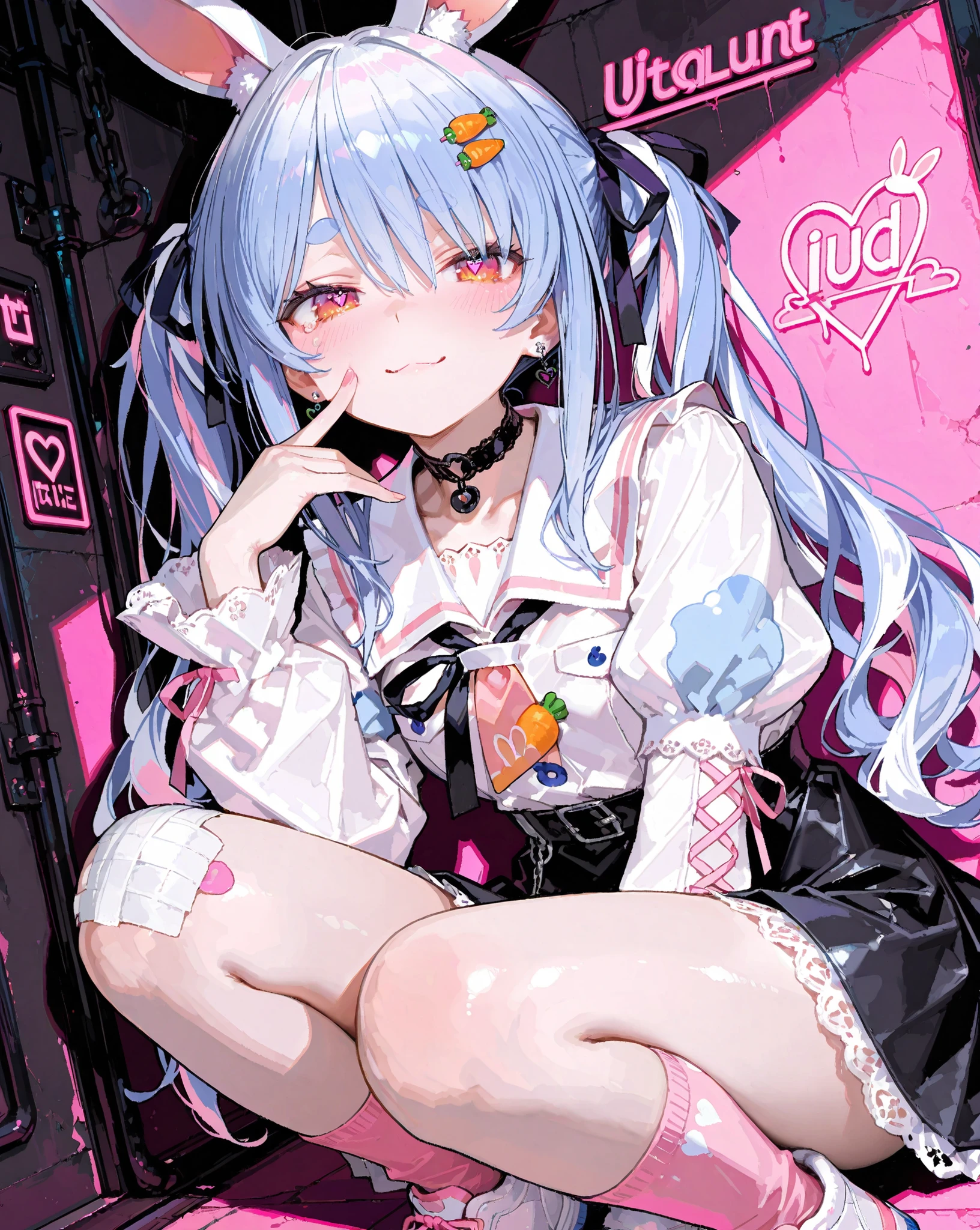 1 sexy gal , Usada Pekora_(ホロライブ), solo, (masterpiece, top quality, highly detailed depiction, incredibly high resolution, high quality anime picture), (voluminous A-line silhouette), (seductive gestures),
masterpiece:1.2, namaana,8k resolution, ultra-detailed, highly detailed, detailed texture:1.4, cinematic lighting, atmospheric depth, cinematic framing, balanced lighting, vivid fabric detail, glossy skin:1.3, ultra glossy fabric:1.3, Eye-level angle, cowboy shot, detailed face composition, emphasis on face, glistening eyes:1.3, slender physique, youthful face, delicate and fragile features:1.3, pale porcelain skin:1.3, petite and dainty body, Light pink parchment, naturally wavy hair, Moist Eyes, Big eyes with pink gradation, heart-shaped eyes, Thin Lashes, small teardrops, ribbon hairpin with a black and pink color combination, multiple small thread pins, Black heart choker, small heart earrings, Large ribbon decoration on the part, White and black sailor style blouse, big black ribbon decoration, lace details on sleeves and collar, short, frilly black skirt, pink ribbon decoration, pink heart pattern on black socks, bandaged over the knee, Pink heart point on white sneakers, Crouching position, Pose sitting with fingertips on the floor, sad but tempting smile, Moist eyes, White shoes with small chain decorations, Hairpins with lace ribbons and small bells, english neon signs and stickers on the wall, Mysterious atmosphere with pink and purple hues,