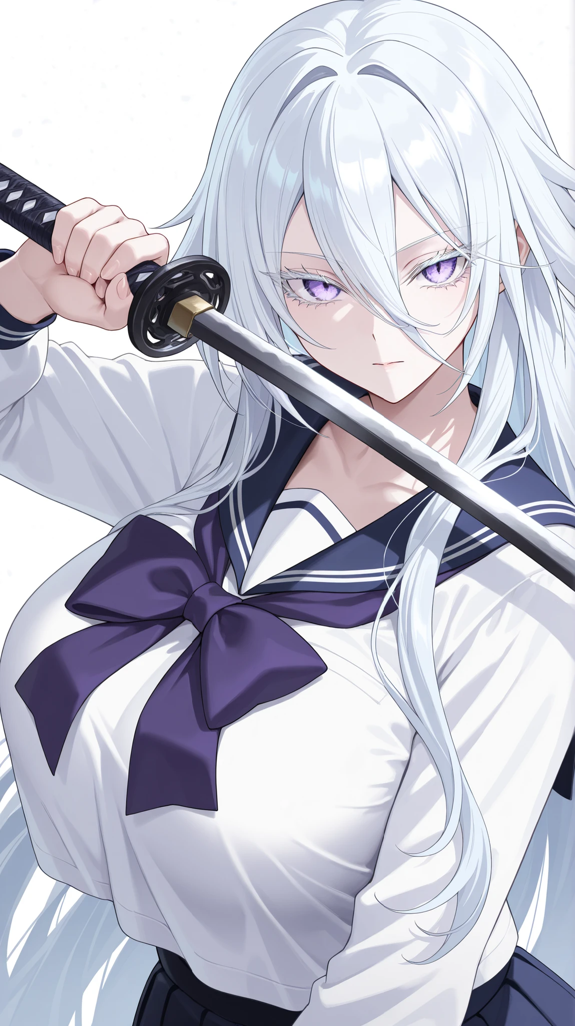 1girl, solo, anime girl, elegant, sovetsky_soyuz, masterpiece, very aesthetic, white hair, extremely long hair, very long hair between eyes, purple eyes, sharp eye outlines, white eyelashes, long eyelashes, looking at viewer, big breasts, curvy body, school sailor uniform, purple bowtie, half body, straight-on view, standing, samurai stance, holding katana, (detailed weapon), demure posture, white background, simple background, soft skin, volume light, depth of field, high detail, highres, ultra-detailed, detailed face, (detailed eyes), (perfect eyes), perfect composition, intricate details, detailed and polished anime style, (detailed hand), (perfect hand), 4K, 8K