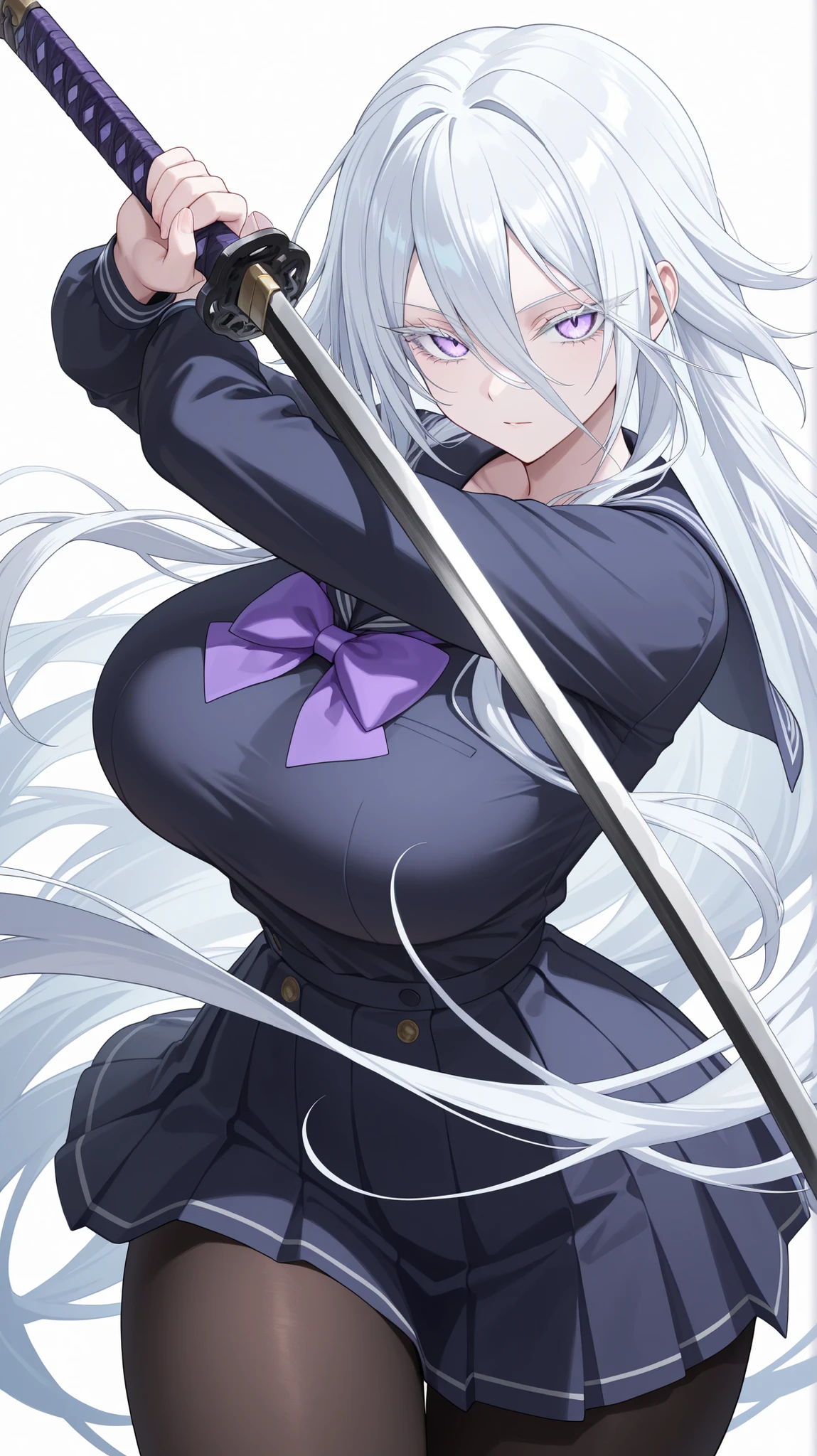 1girl, solo, anime girl, elegant, sovetsky_soyuz, masterpiece, very aesthetic, white hair, extremely long hair, very long hair between eyes, purple eyes, sharp eye outlines, white eyelashes, long eyelashes, looking at viewer, big breasts, curvy body, school sailor uniform, purple bowtie, black pantyhose, half body, straight-on view, standing, action pose, holding katana, (detailed weapon), demure posture, white background, simple background, soft skin, volume light, depth of field, high detail, highres, ultra-detailed, detailed face, (detailed eyes), (perfect eyes), perfect composition, intricate details, detailed and polished anime style, (detailed hand), (perfect hand), 4K, 8K