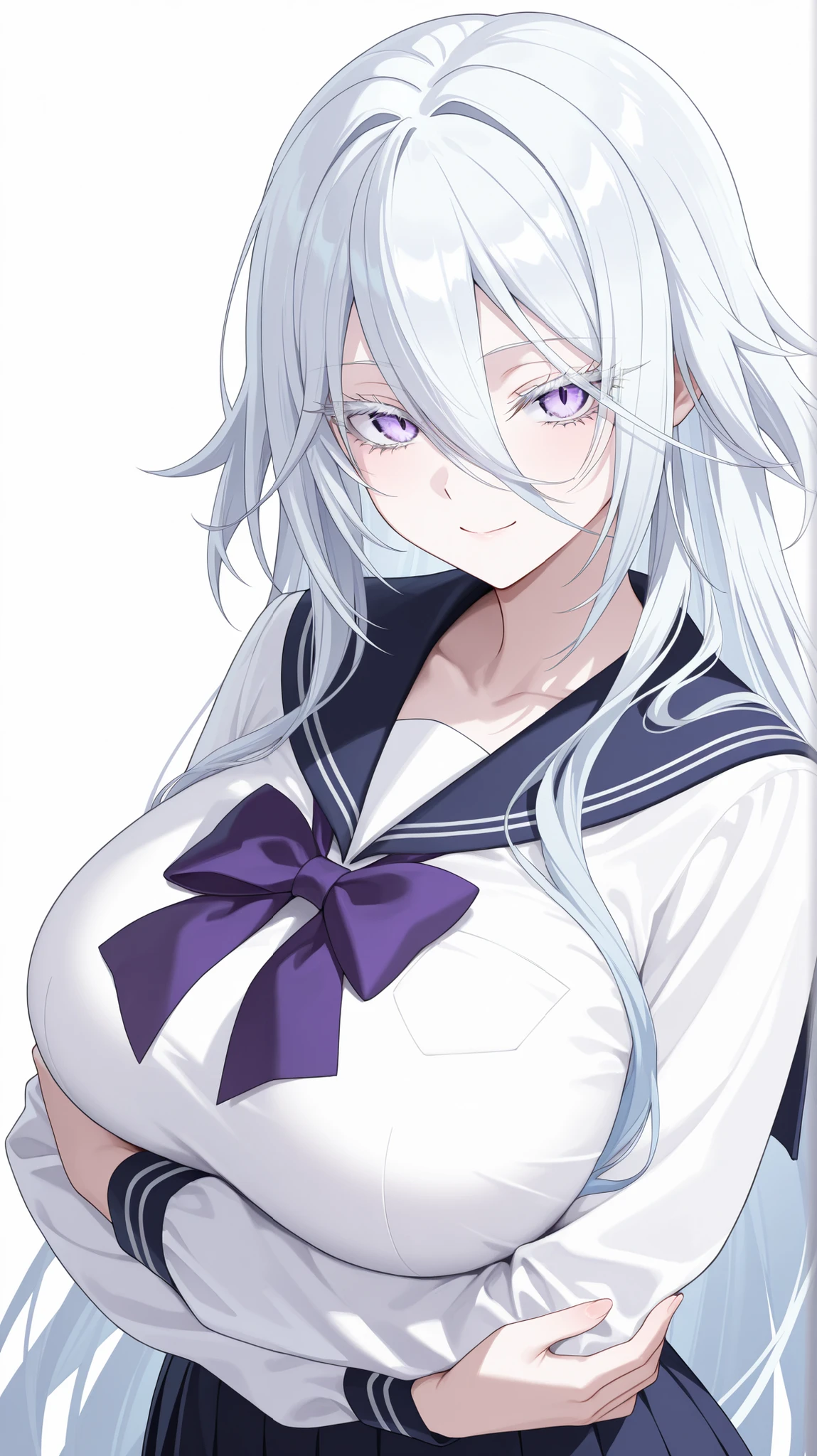 1girl, solo, anime girl, elegant, sovetsky_soyuz, masterpiece, very aesthetic, white hair, extremely long hair, very long hair between eyes, purple eyes, sharp eye outlines, white eyelashes, long eyelashes, looking at viewer, small smile, big breasts, curvy body, school sailor uniform, purple bowtie, half body, straight-on view, standing, arms crossed, demure posture, white background, simple background, soft skin, volume light, depth of field, high detail, highres, ultra-detailed, detailed face, (detailed eyes), (perfect eyes), perfect composition, intricate details, detailed and polished anime style, (detailed hand), (perfect hand), 4K, 8K
