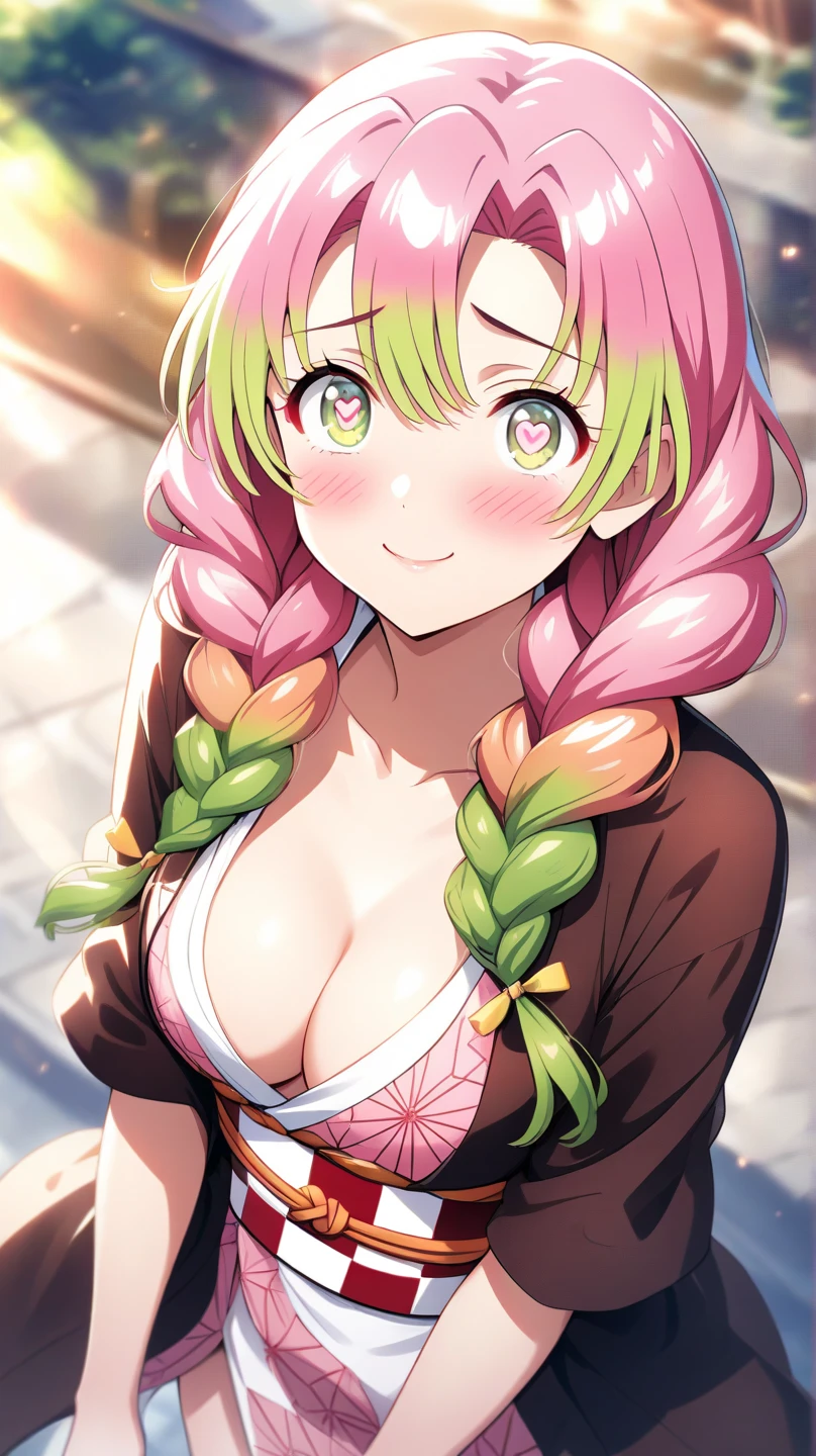 masutepiece, Mitsurikan Log, mitsuri kanroji, braid, Gradient Hair, (Green eyes:1.5), Green hair, Long hair, Mole, Mole under the eyes, multicolored hair, Pink hair, Twin braids, Two-tone hair, cleavage, BREAK looking at viewer, Break indoors, BREAK (masutepiece:1.2), Best Quality, High resolution, Unity 8k壁纸, (Illustration:0.8), (Beautiful detailed eyes:1.6), extra detailed face, Perfect Lighting, extremely details CG, (Perfect hands, Perfect ),colourful hair, The whole body  reflected, (Off-the-shoulder costumes:1.5), (( wide open and exposed)), (Smile), ((undergarment)), ((Torn clothes)), ((The )), , ((Torn clothing))