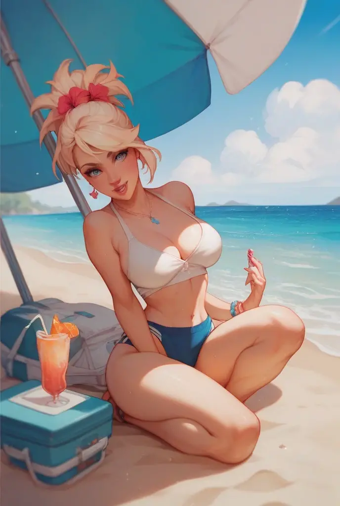 Big tits,Big,Long light purple hair color,Sea view,There are coconut trees.,Drink coconut water