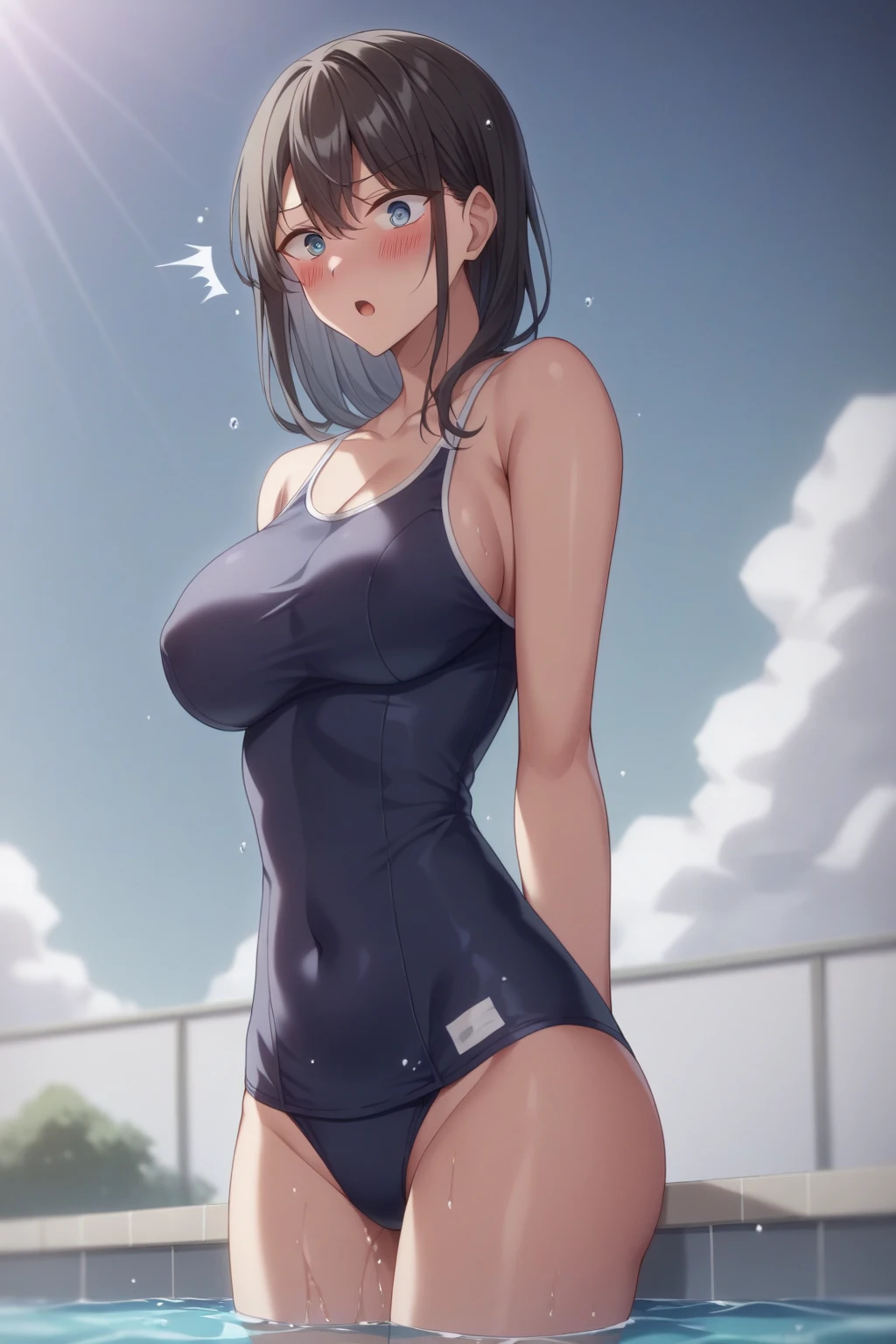 (Perfect hands, Perfect :1.4), Satin Ruiko, (Navy blue school swimsuit:1.5),(neat figure,A slender:1.4),(The hairstyle is a princess cut:1.5),(Black hair:1.4), Blue eyes, (A dark-haired:1.4),(short hair flap:1.5),(A dark-haired:1.4),Long hair,(Long straight hair:1.4), Hair Ornament, (1 white flower decoration:1.4),(Tsurime:1.4),(parted_Lips:1.4),(hime-cut:1.4),(:1.4),(Hands behind the head:1.4), (Evil smile:1.4),Hands behind the body,Hands behind the head,20yr old,(小柄:1.3),(Wet:1.2), (Looking at Viewer:1.3),(View from below:1.1), (swimming pools,in poolside:1.4),(Bright sunshine,夏天:1.4)、 BREAK (hime-cut:1.4),(​masterpiece:1.5),(very precise details,Ultra High Resolution:1.4),the Extremely Detailed CG Unity 8K Wallpapers,(Realistic,Photorealsitic,hyper realisitic:1.5),(Curve,Model,glamor:1.5),Beautiful ,Farbe_aberration,beautiful detailed shadow,Beautiful eyes,Beautiful body,Beautiful skin,beautifull hands,(Aesthetic Anime Eyes:1.4),(Illustration:0.8), (Beautiful detailed eyes:1.4), extra detailed face, Perfect Lighting, extremely details CG, (Perfect hands, Perfect :1.4),