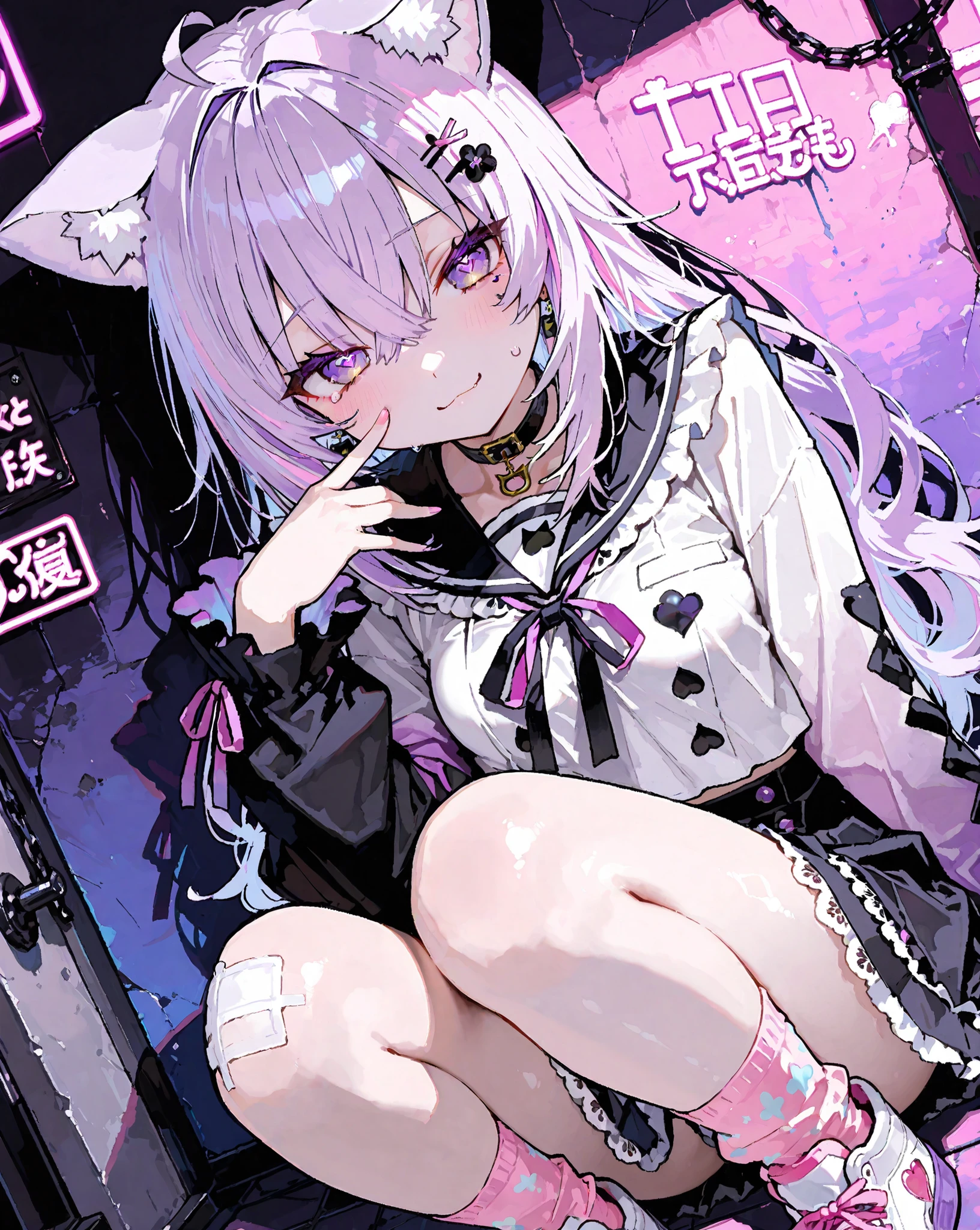 1 sexy gal , Nekomata Okayu_(ホロライブ), solo, (masterpiece, top quality, highly detailed depiction, incredibly high resolution, high quality anime picture), (voluminous A-line silhouette), (seductive gestures),
masterpiece:1.2, namaana,8k resolution, ultra-detailed, highly detailed, detailed texture:1.4, cinematic lighting, atmospheric depth, cinematic framing, balanced lighting, vivid fabric detail, glossy skin:1.3, ultra glossy fabric:1.3, Eye-level angle, cowboy shot, detailed face composition, emphasis on face, glistening eyes:1.3, slender physique, youthful face, delicate and fragile features:1.3, pale porcelain skin:1.3, petite and dainty body, Light pink parchment, naturally wavy hair, Moist Eyes, Big eyes with pink gradation, heart-shaped eyes, Thin Lashes, small teardrops, ribbon hairpin with a black and pink color combination, multiple small thread pins, Black heart choker, small heart earrings, Large ribbon decoration on the part, White and black sailor style blouse, big black ribbon decoration, lace details on sleeves and collar, short, frilly black skirt, pink ribbon decoration, pink heart pattern on black socks, bandaged over the knee, Pink heart point on white sneakers, Crouching position, Pose sitting with fingertips on the floor, sad but tempting smile, Moist eyes, White shoes with small chain decorations, Hairpins with lace ribbons and small bells, english neon signs and stickers on the wall, Mysterious atmosphere with pink and purple hues,purple hair