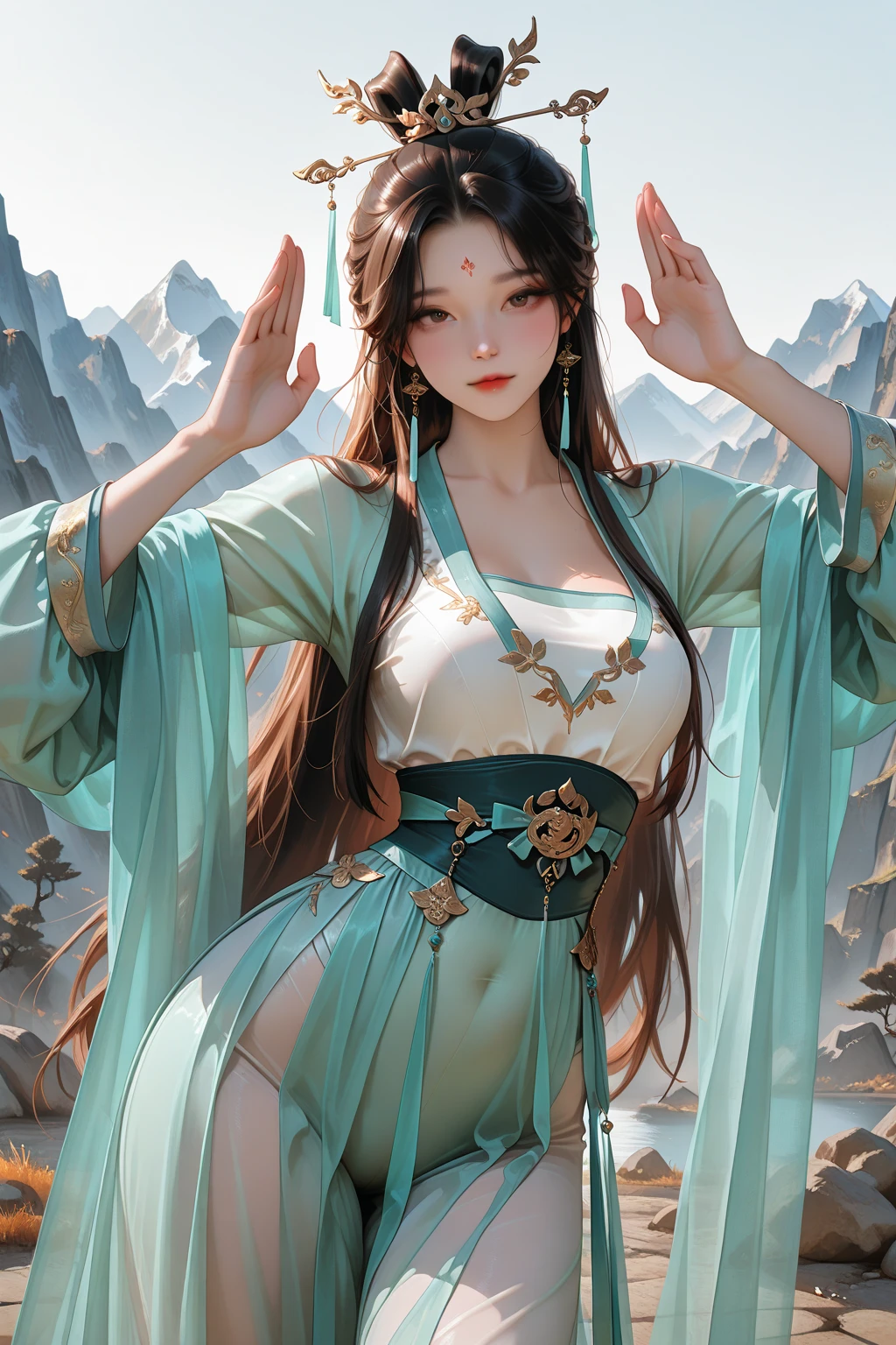   hentail realism  ，（tmasterpiece，top Quority，best quality），（1 girl solo：1.3，facial closeups，The upper part of the body）， （Gentle eyes），（Green embroidered hanfu，Tulle streamers），（Hairpins，black and long hair），（Green Hanfu），Light pink lips，（Young），ear jewelry，(Clear facial features，detailed skin textures，beauitful face，Facial highlights，Above the waist）， standing on your feet，slim figure，8K  UHD，SLR，softlighting，High picture quality，A high resolution，（Very detailed CG unity 8K wallpaper）