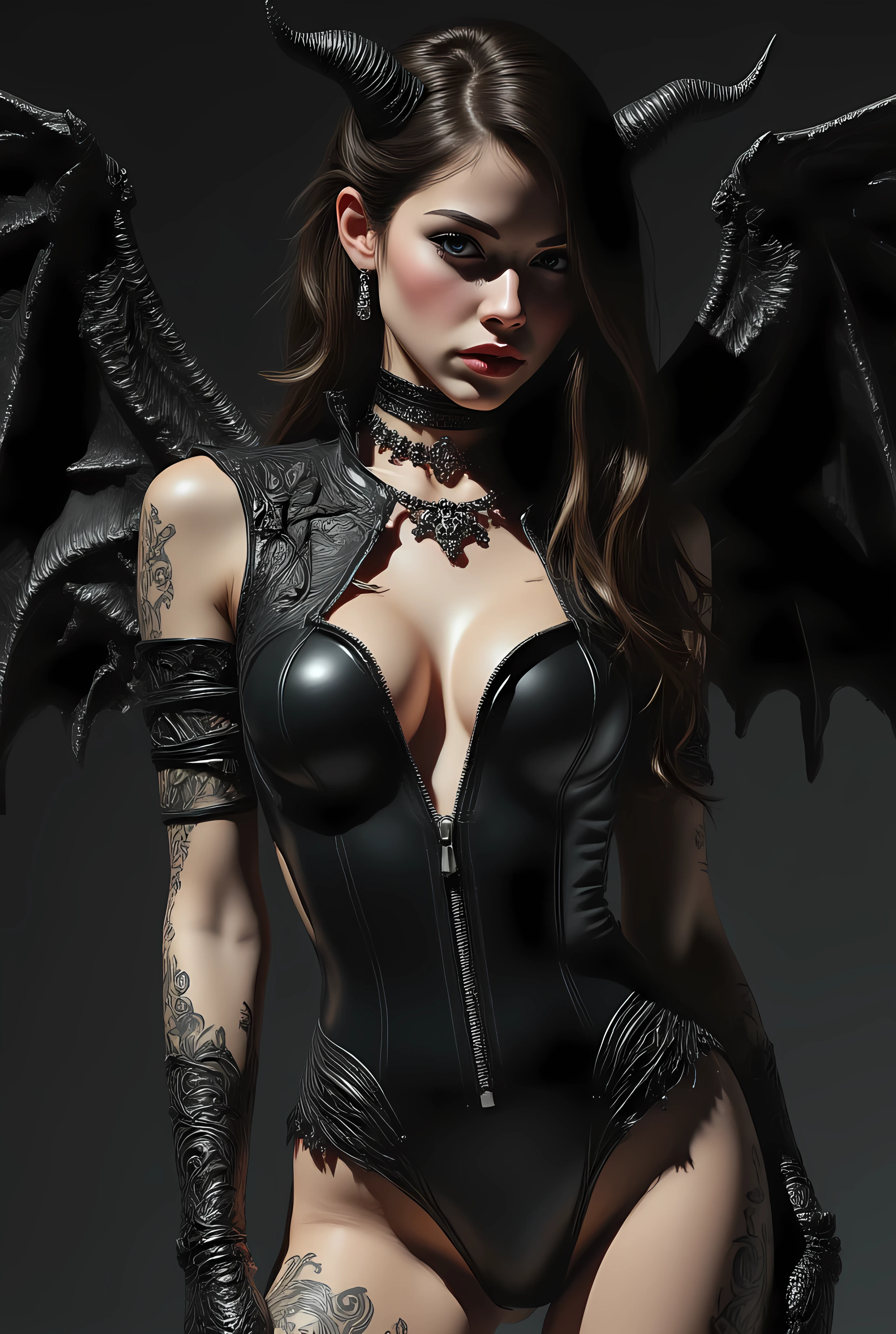Subject/Composition: Black and white (monochrome), ultra-detailed, cinematic portrait of  Soggetto: Beautiful, intricate full body portrait of a seductive dragon/succubus woman, long dark brown hair, smooth skin, direct and intense gaze. She has small black demonic horns and dark, large, textured dragon wings emerging from her back. She is wearing a revealing black leather bodysuit/leotard with an unzipped metallic front zipper, a deep plunging neckline, and intricate raised/embossed patterns on the material. Black leather choker necklace with a gothic/demon charm. Short black leather gloves. Detailed black floral and mehndi-style tattoos on her arms and legs.  Chunky choker/chain necklace and a small dangling earring.
​Lighting/Style: High contrast, dramatic chiaroscuro lighting. Strong single light source casting deep shadows, highlighting muscle tone and texture. Ultra-realistic detail, fine film grain, high sharpness. Tense, humid atmosphere.
​Styles/Artists: Photorealism, Cinematic Lighting, Hyperdetailed, Greg Rutkowski, Artgerm, Loish, Blade Runner, Akira, Ghost in the Shell