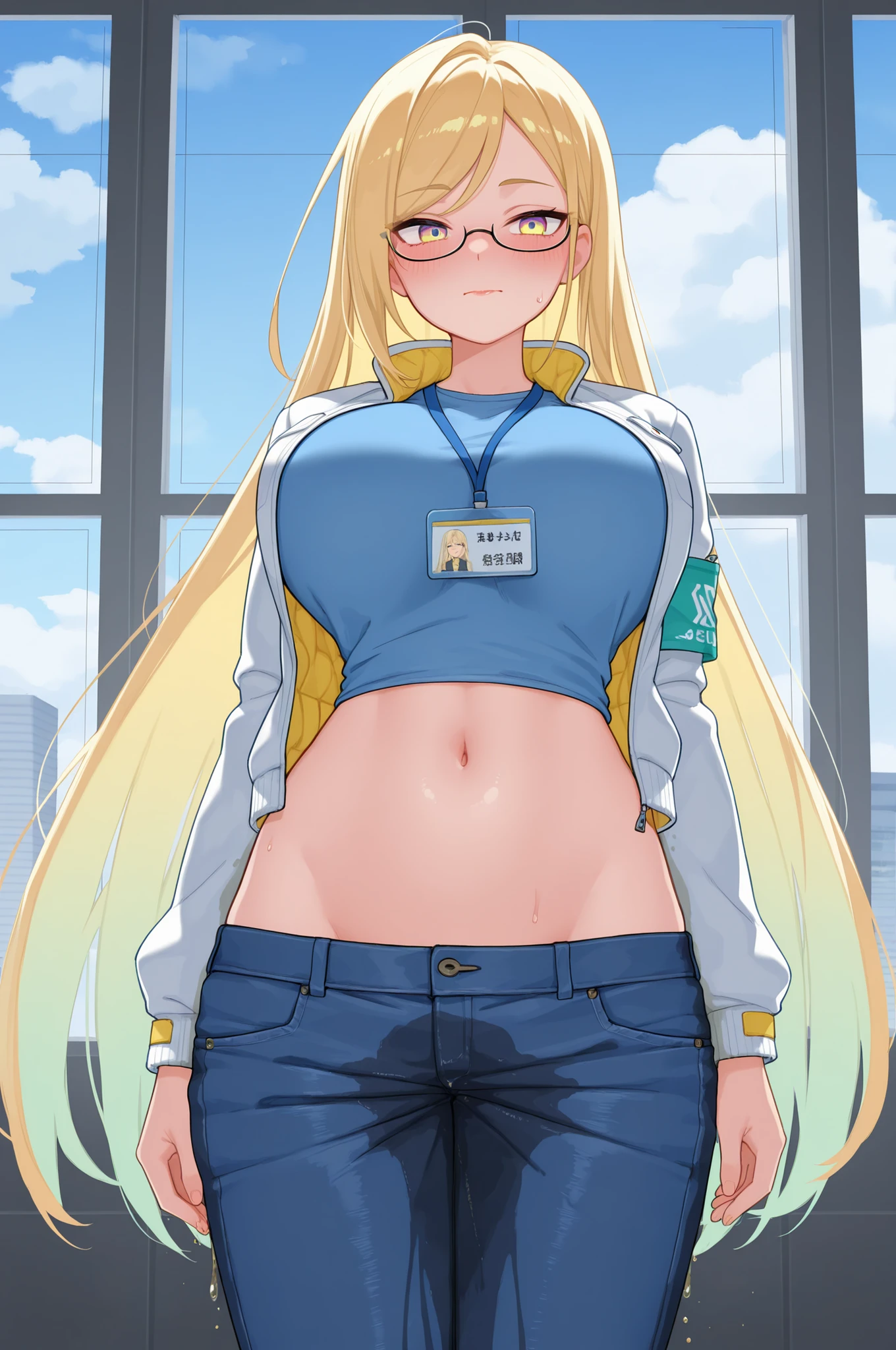 score_9, score_8_up, masterpiece, best quality, 1girl, very long hair, blonde hair, glasses, semi-rimless eyewear, multicolored eyes, blue and yellow eyes, (swept bangs:0.75), tsurime, huge breasts, stylish jacket, futuristic jacket, jeans, window, clouds, (futuristic:1.25), (science fiction:1.25), lanyard, nametag that says "Seren", hologram armband colored inner hair, light blue inner hair, closed mouth, wetting self, blush, arms at sides, black lipstick, midriff, navel, lowleg, legs together, straight-on, loose jeans, (jeans slip:1.25), wardrobe malfunction