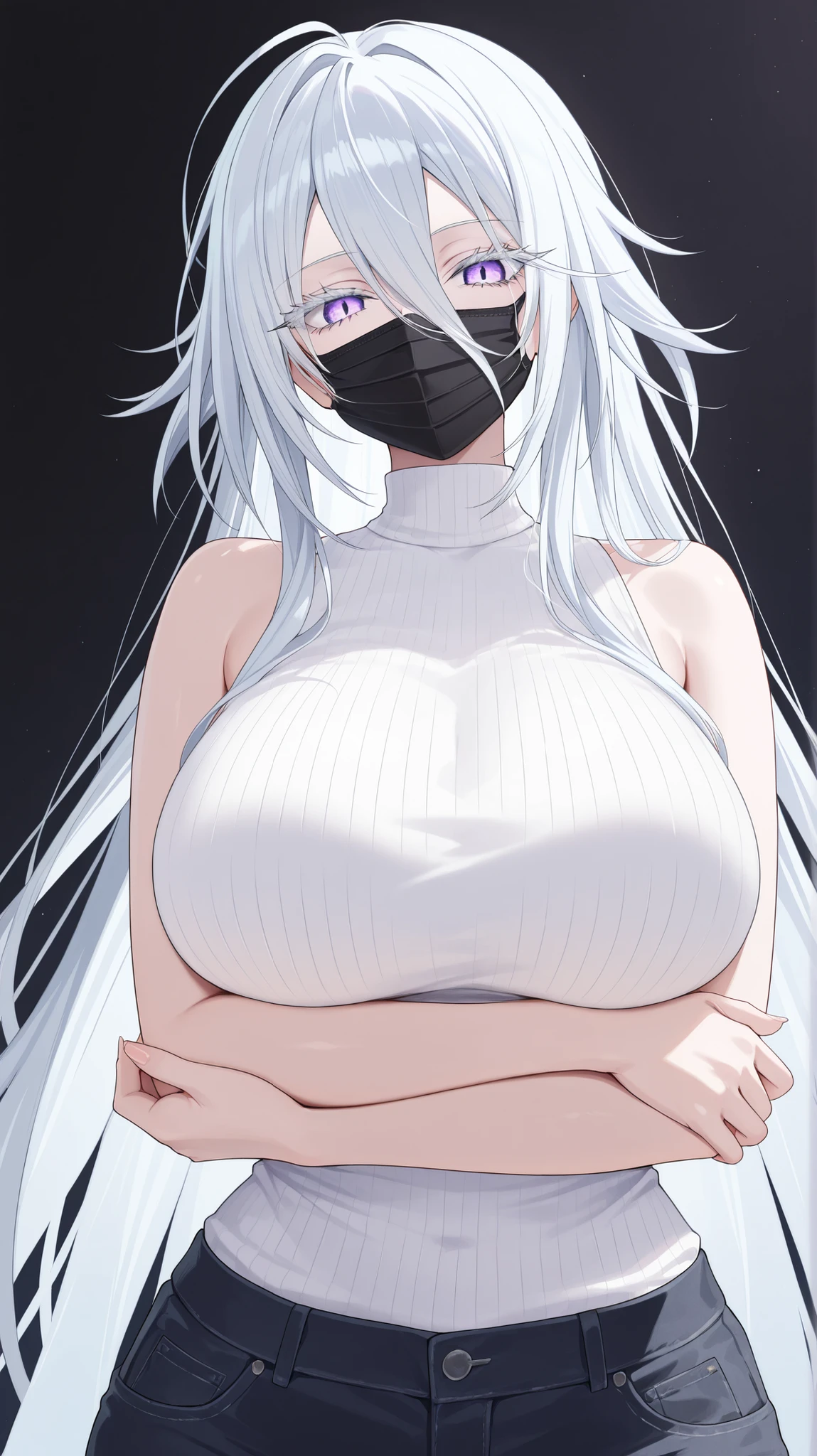 1girl, solo, anime girl, elegant, sovetsky_soyuz, masterpiece, very aesthetic, white hair, extremely long hair, very long hair between eyes, purple eyes, sharp eye outlines, white eyelashes, long eyelashes, looking at viewer, big breasts, curvy body, black surgical mask, white sleeveless turtleneck, black denim shorts, half body, straight-on view, standing, arms crossed, demure posture, white background, simple background, soft skin, volume light, depth of field, high detail, highres, ultra-detailed, detailed face, (detailed eyes), (perfect eyes), perfect composition, intricate details, detailed and polished anime style, (detailed hand), (perfect hand), 4K, 8K