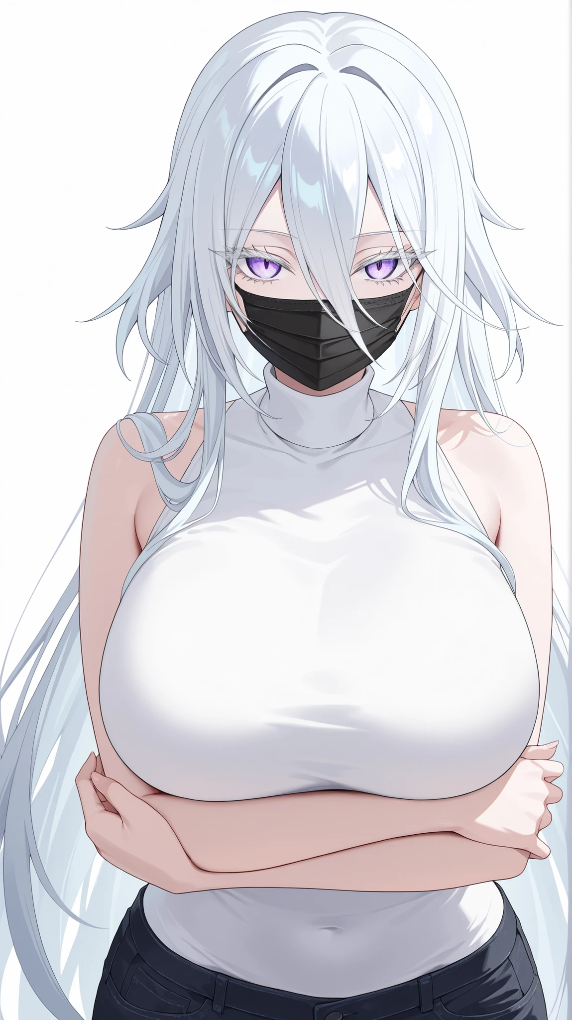 1girl, solo, anime girl, elegant, sovetsky_soyuz, masterpiece, very aesthetic, white hair, extremely long hair, very long hair between eyes, purple eyes, sharp eye outlines, white eyelashes, long eyelashes, looking at viewer, big breasts, curvy body, black surgical mask, white sleeveless turtleneck, black denim shorts, half body, straight-on view, standing, arms crossed, demure posture, white background, simple background, soft skin, volume light, depth of field, high detail, highres, ultra-detailed, detailed face, (detailed eyes), (perfect eyes), perfect composition, intricate details, detailed and polished anime style, (detailed hand), (perfect hand), 4K, 8K