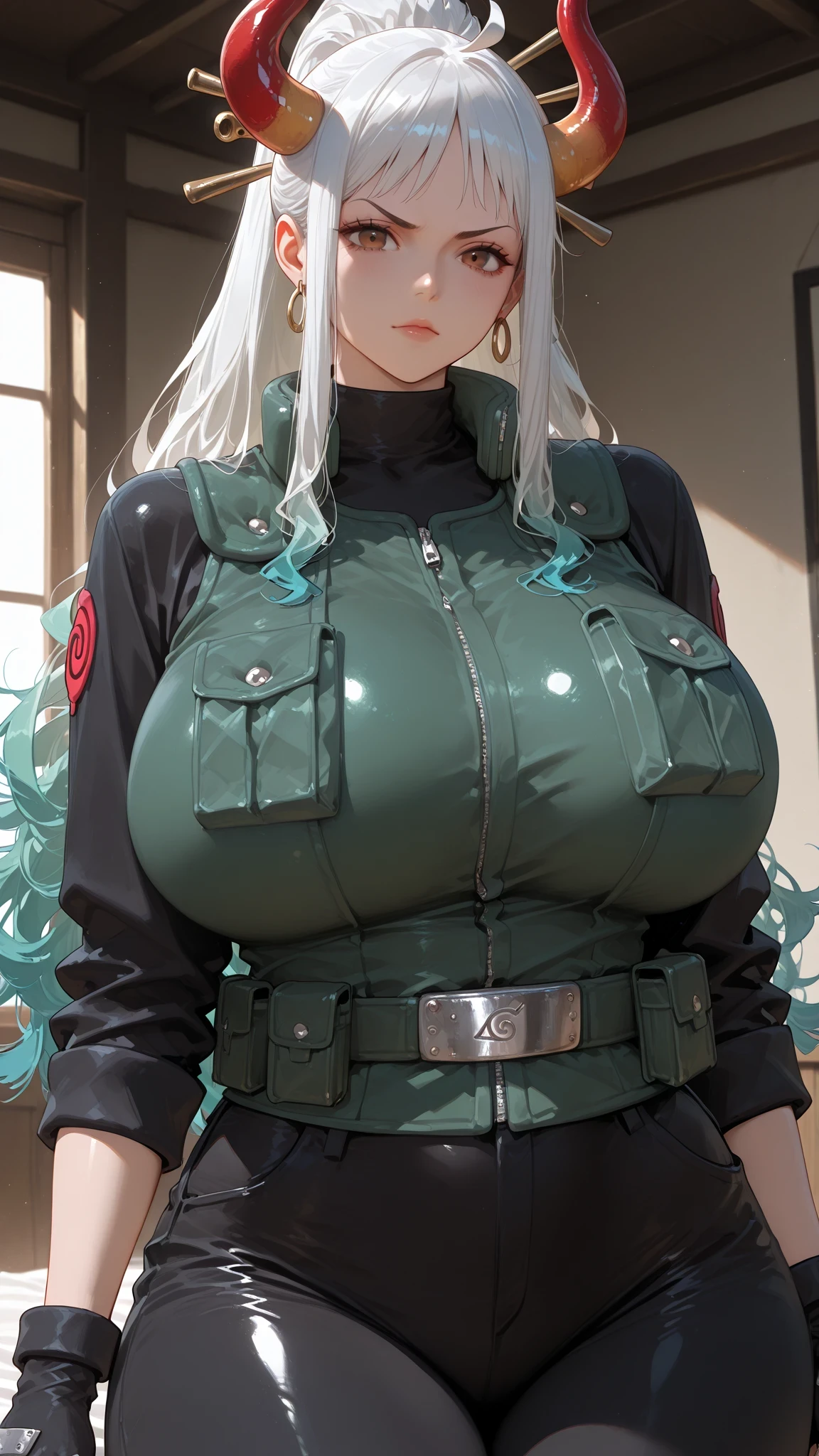 1girl, solo, beautiful girl, UHD, masterpiece, (anatomically correct), super detail, high details, high quality, best quality, HD, 8k
Naruto outfits, Konohagakure ninja outfits, green vest, turtleneck vest, black shirt, long sleeves, black gloves, fingerless gloves, black pants, huge breasts, huge hips, curvy, cowboy shot, look at viewer
Yamato_\(ONE PIECE\), ahoge, aqua hair, brown eyes, curled horns, earrings, green hair, grey hair, hair ornament, hair stick, high ponytail, horns, long hair, multicolored hair, multicolored horns, oni, red horns, shimenawa, sidelocks, v-shaped eyebrows, very long hair,