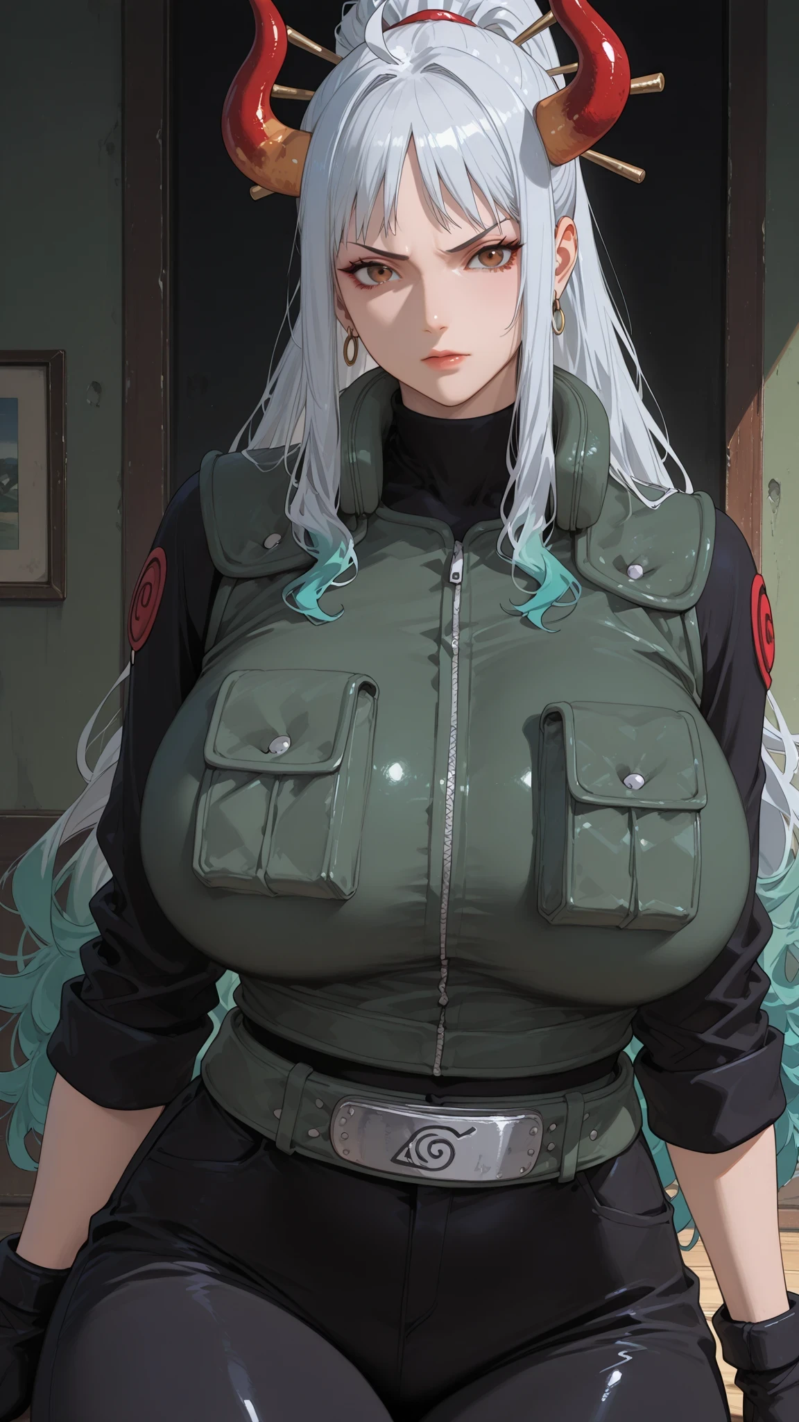 1girl, solo, beautiful girl, UHD, masterpiece, (anatomically correct), super detail, high details, high quality, best quality, HD, 8k
Naruto outfits, Konohagakure ninja outfits, green vest, turtleneck vest, black shirt, long sleeves, black gloves, fingerless gloves, black pants, huge breasts, huge hips, curvy, cowboy shot, look at viewer
Yamato_\(ONE PIECE\), ahoge, aqua hair, brown eyes, curled horns, earrings, green hair, grey hair, hair ornament, hair stick, high ponytail, horns, long hair, multicolored hair, multicolored horns, oni, red horns, shimenawa, sidelocks, v-shaped eyebrows, very long hair,