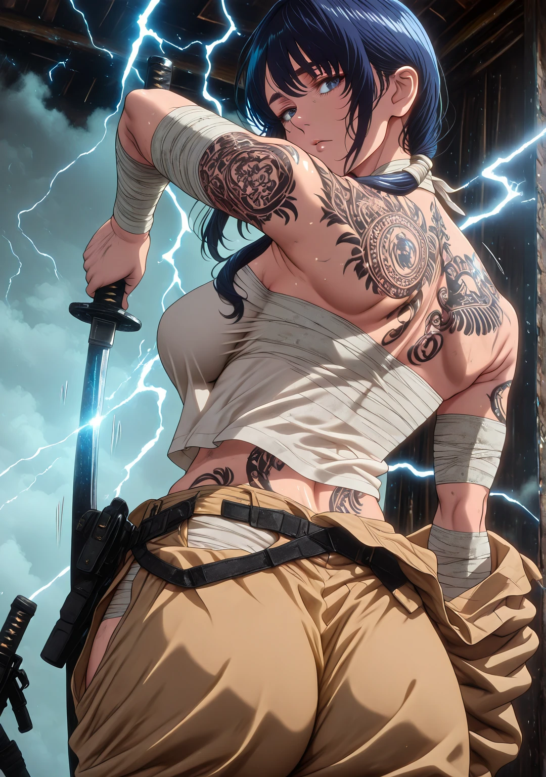 L_Cation2, Babu-style, Hgk, (yoshio_(55level)-style:1.4), (mostlybluewyatt-style:1.3), (shiroshisu-style:1.2), (imizu_(nitro_unknown)-style:1.3), (anime coloring, anime screencap), shiny skin, (voluptuous body:1.4), (mature female:1.4), (cellulite:1.3), ((vignetting)), ((anatomical correct)), ((Cinematic, high quality, newest, UHD, masterpiece)), perfect body, perfect eyes, perfect fingers, gasping, heavy breathing, gasping profusely, ((overhang)), ((curvy)), hair over shoulder, low ponytail, blue hair, blue eyes, bright pupils, plump, 1girl, tattoo, solo, sarashi, bandages, (full-body_tattoo)), looking_at_viewer, breasts, back_tattoo, weapon, looking_back, back, lightning, holding, bandaged_arm, from_behind, holding_weapon, scar, motion lines, fog, soft shadow 