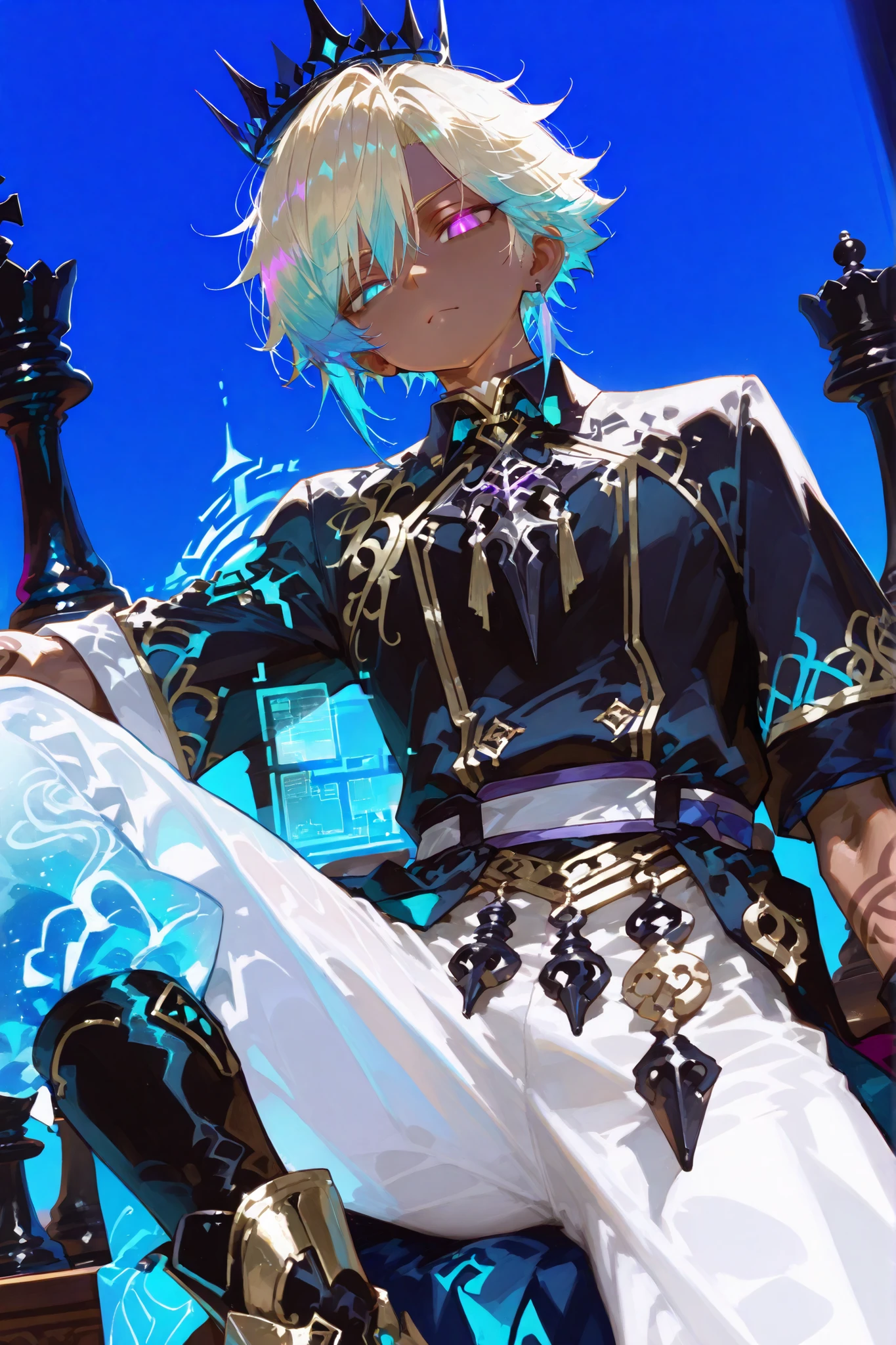 CLOSE UP, chess themed young slim athletic black tanned skinned manly boy boy focused boy young old boy, smooth glowing fair skin, unique messy layered messy hair split into pure white with neatly trimmed sides, side-swept bangs partly covering one eye, sharp dreamy eyes matching the colors of his hair, wearing chess white and water blue themed baggy pants in white,gold and black, clinging to his body with high collared COAT, and visible outline of his glamourous big black crown, with holographic tech black fantasy boots ground under a bright blue sky, his colorful hair, awesome standing serious pose ,around his long ancient socks , background of fantasy luxury chess dawn room, anime-style, highly detailed, sexy fantasy energy, vibrant