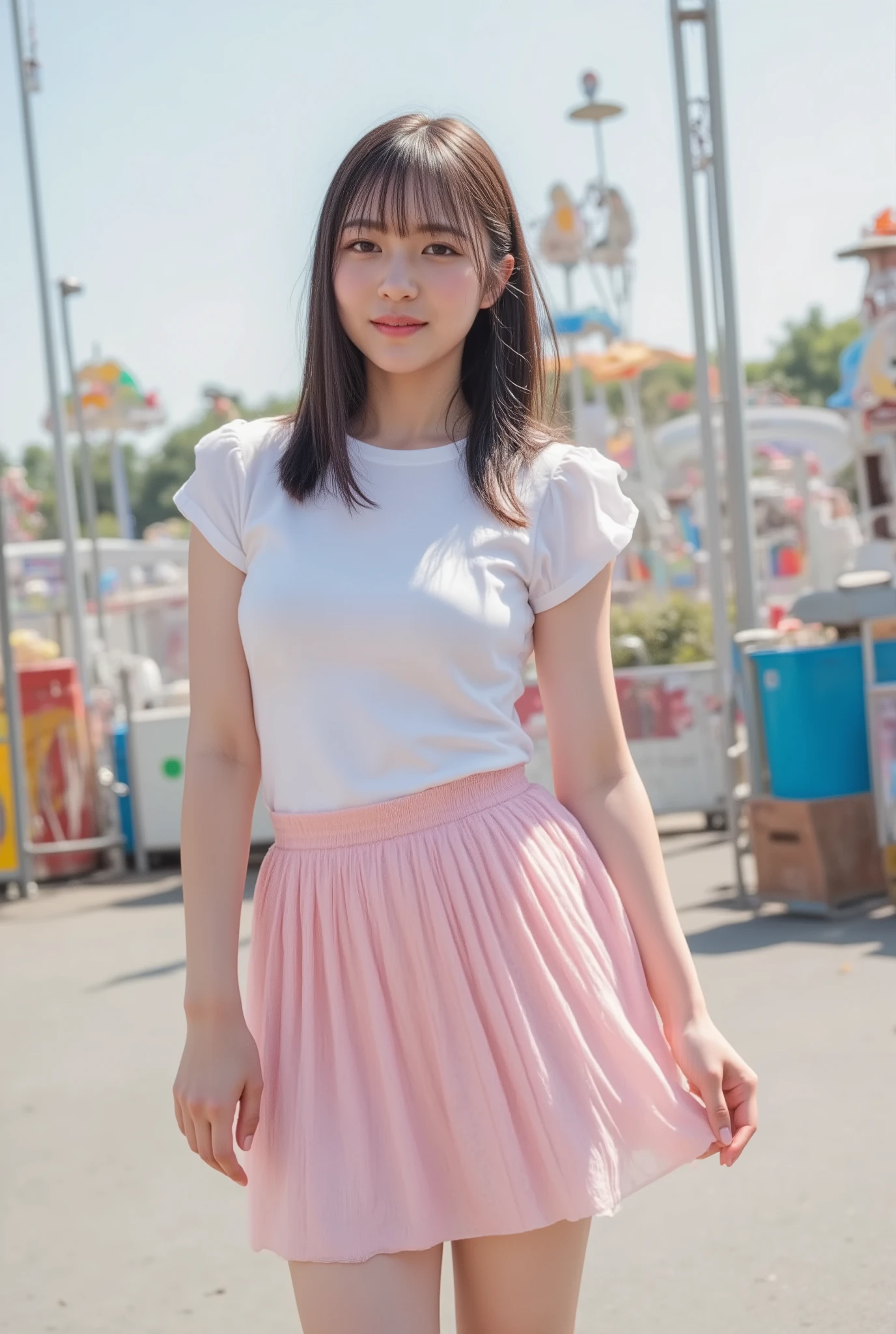 solo、20-year-old Japanese idol、Beautiful Women、full body、big ass、big boobs、Amusement Park、mini skirt、smile at the camera、ponytail、Pull out your bottom and lick the soft serve