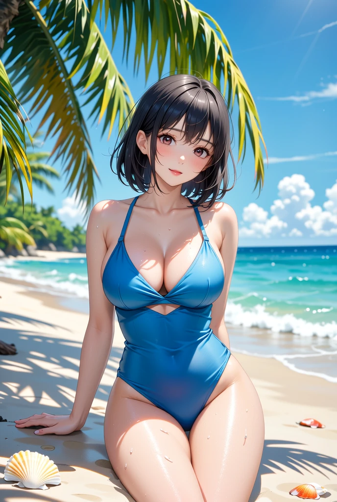 Cute girl on the beach, Swimwear, , Blue hair, short hair, Sitting on the beach, Water is running underneath