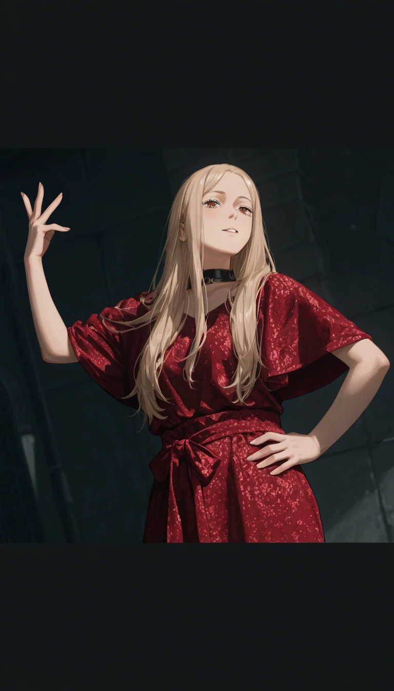 Morena_Prudo_\(Hunter_X_Hunter\), Blonde hair, long hair, scar on face, scarred eye, light-skinned female, slanted eyes, evil grin, evil smile, evil eyes, crown of thorns, scar on eye, black shoulder long sleeve dress, black boots, shattered glass, red background, simple background,