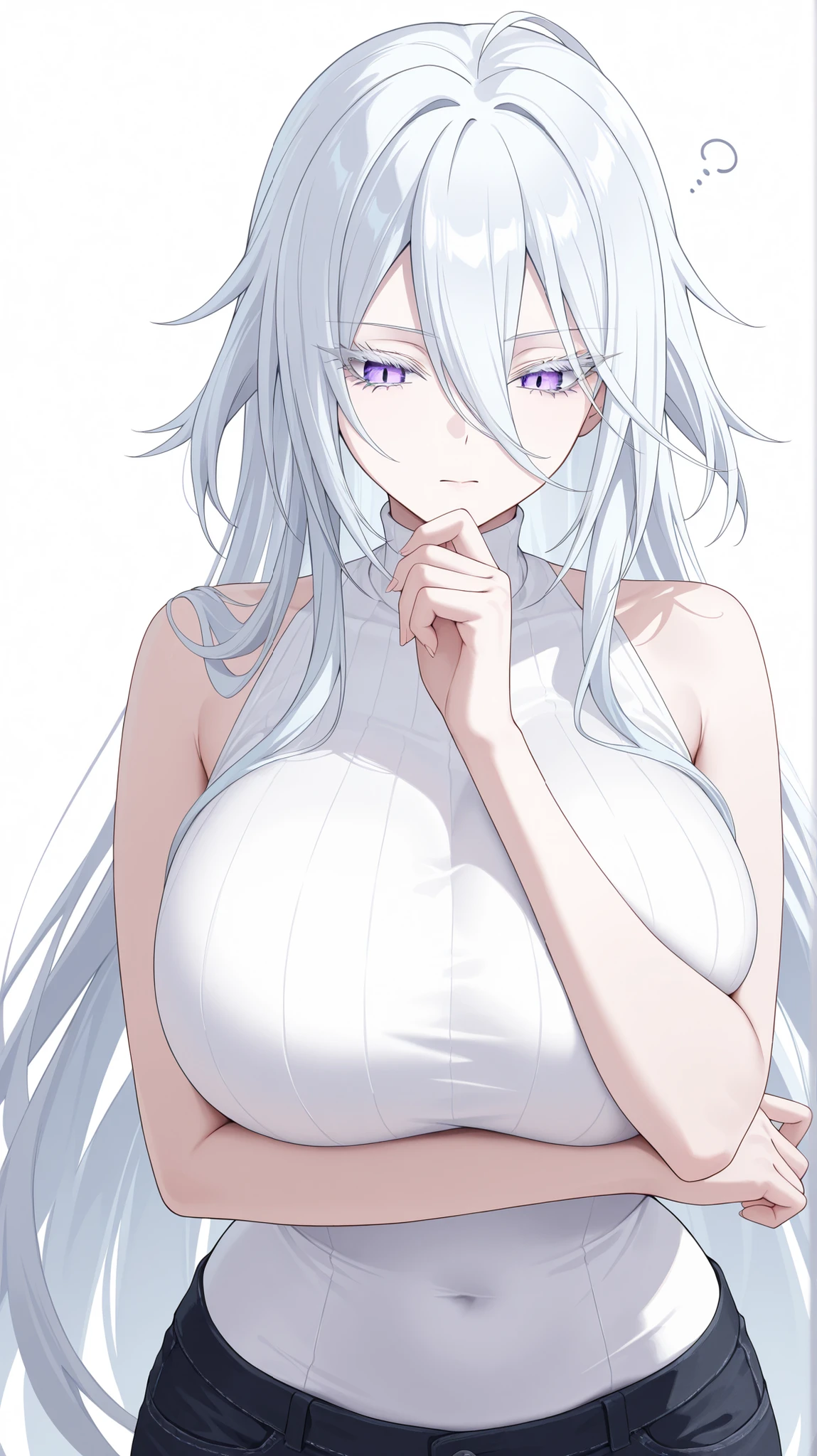 1girl, solo, anime girl, elegant, sovetsky_soyuz, masterpiece, very aesthetic, white hair, extremely long hair, very long hair between eyes, purple eyes, sharp eye outlines, white eyelashes, long eyelashes, big breasts, curvy body, white sleeveless turtleneck, black denim shorts, half body, straight-on view, standing, thinking, demure posture, white background, simple background, soft skin, volume light, depth of field, high detail, highres, ultra-detailed, detailed face, (detailed eyes), (perfect eyes), perfect composition, intricate details, detailed and polished anime style, (detailed hand), (perfect hand), 4K, 8K