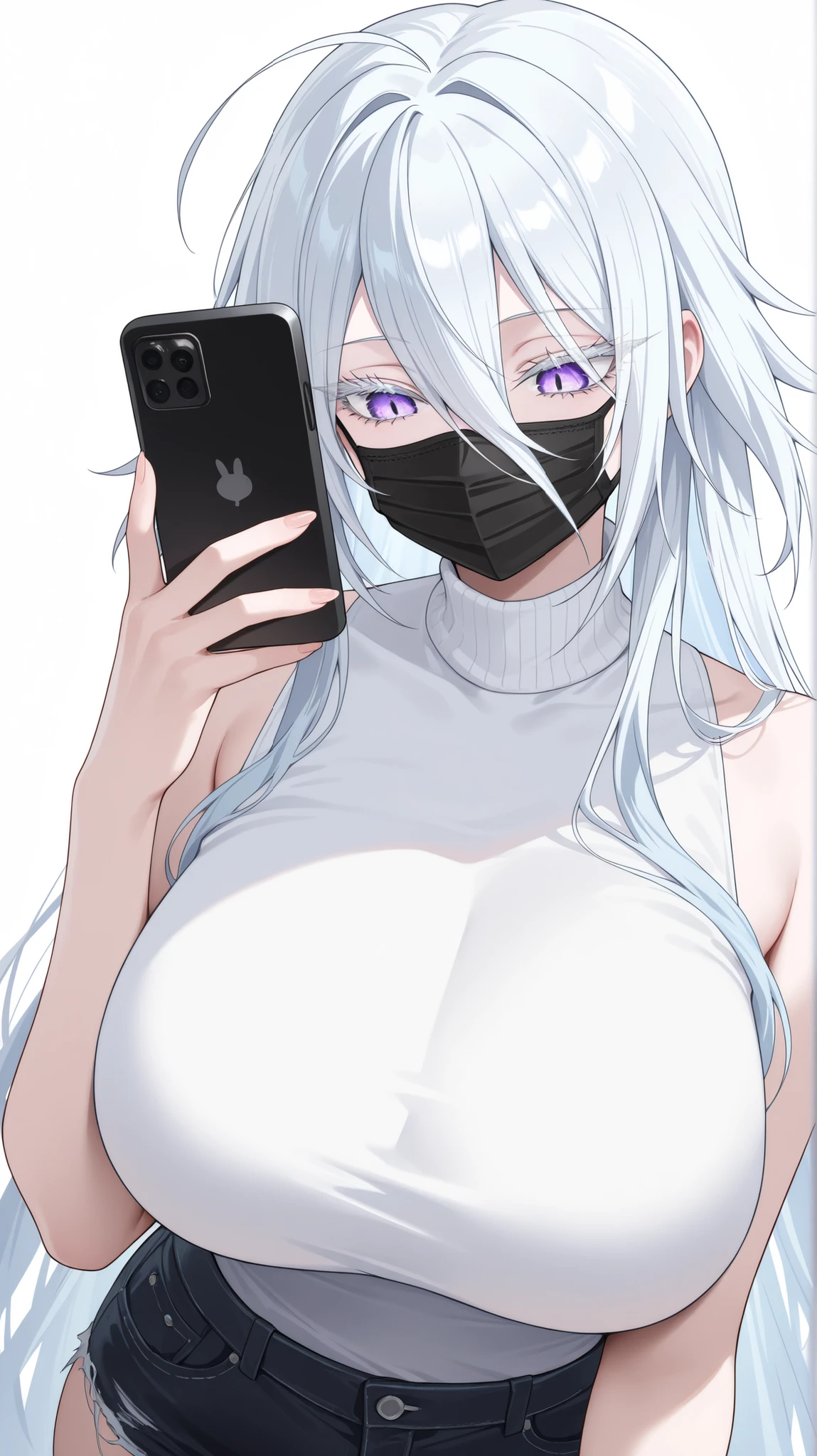 1girl, solo, anime girl, elegant, sovetsky_soyuz, masterpiece, very aesthetic, white hair, extremely long hair, very long hair between eyes, purple eyes, sharp eye outlines, white eyelashes, long eyelashes, big breasts, curvy body, black surgical mask, white sleeveless turtleneck, black denim shorts, half body, straight-on view, standing, holding phone, black glossy phone, looking at phone, (detailed phone), demure posture, white background, simple background, soft skin, volume light, depth of field, high detail, highres, ultra-detailed, detailed face, (detailed eyes), (perfect eyes), perfect composition, intricate details, detailed and polished anime style, (detailed hand), (perfect hand), 4K, 8K