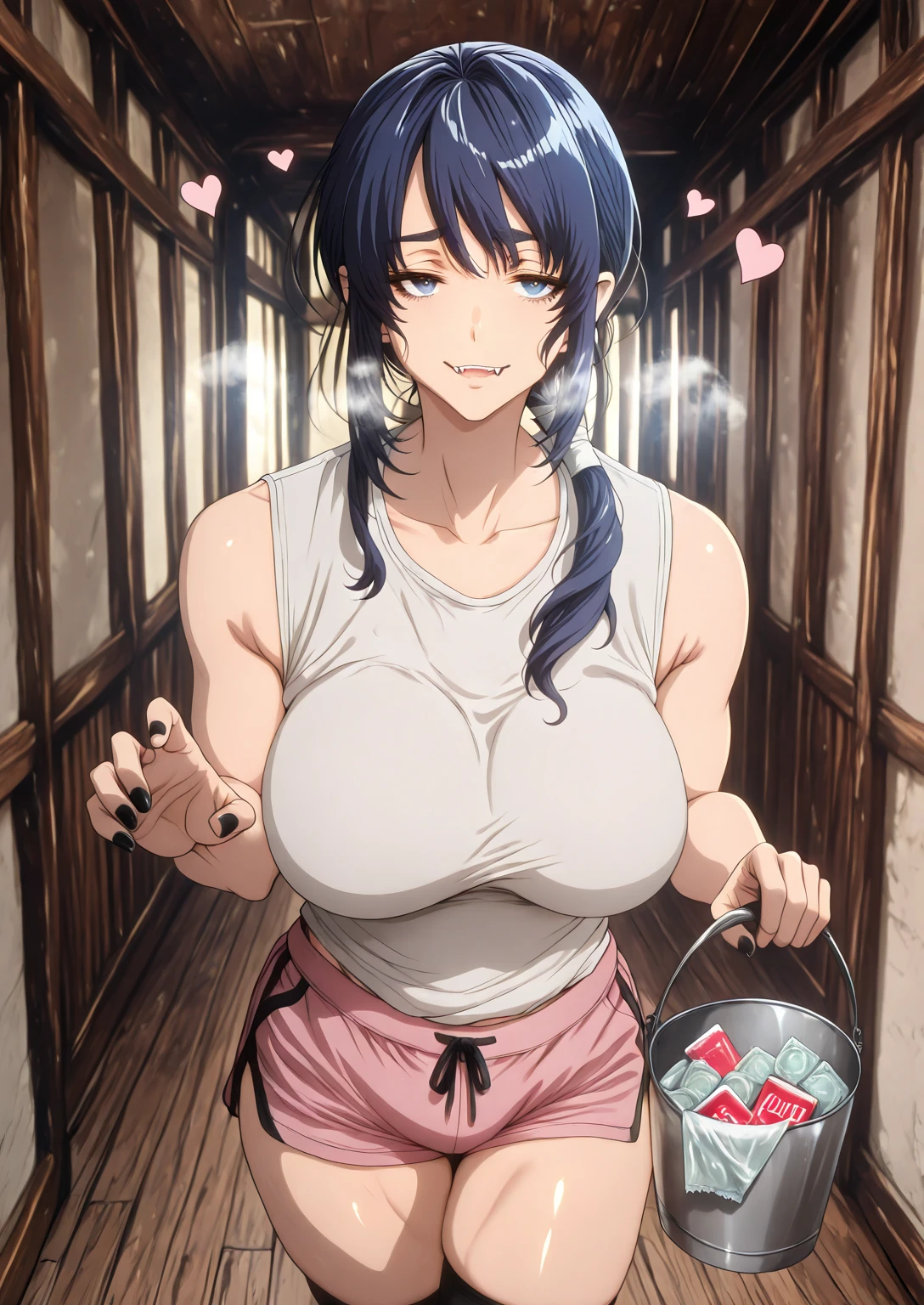 L_Cation2, Babu-style, Hgk, (yoshio_(55level)-style:1.4), (mostlybluewyatt-style:1.3), (gin_moku-style:1.2), (imizu_(nitro_unknown)-style:1.3), (anime coloring, anime screencap), shiny skin, (voluptuous body:1.4), (mature female:1.4), (cellulite:1.3), ((vignetting)), ((anatomical correct)), ((Cinematic, high quality, newest, UHD, masterpiece)), perfect body, perfect eyes, perfect fingers, gasping, heavy breathing, gasping profusely, ((skindentation)), ((curvy)), hair over shoulder, low ponytail, blue hair, blue eyes, bright pupils, plump, hearts, pleasured, 1girl, breasts, mature female, solo, White shirt, sleeveless, standing, claw pose, holding bucket, looking at viewer, fangs, smug, collarbone, condom, condom box, thighs, curvy, hallway, dim light, black nails, dolphin shorts, short shorts,pink shorts,