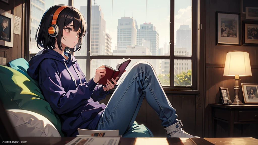 ((highest quality)), Girl with headphones,Reading in the study,Outside the window is night
