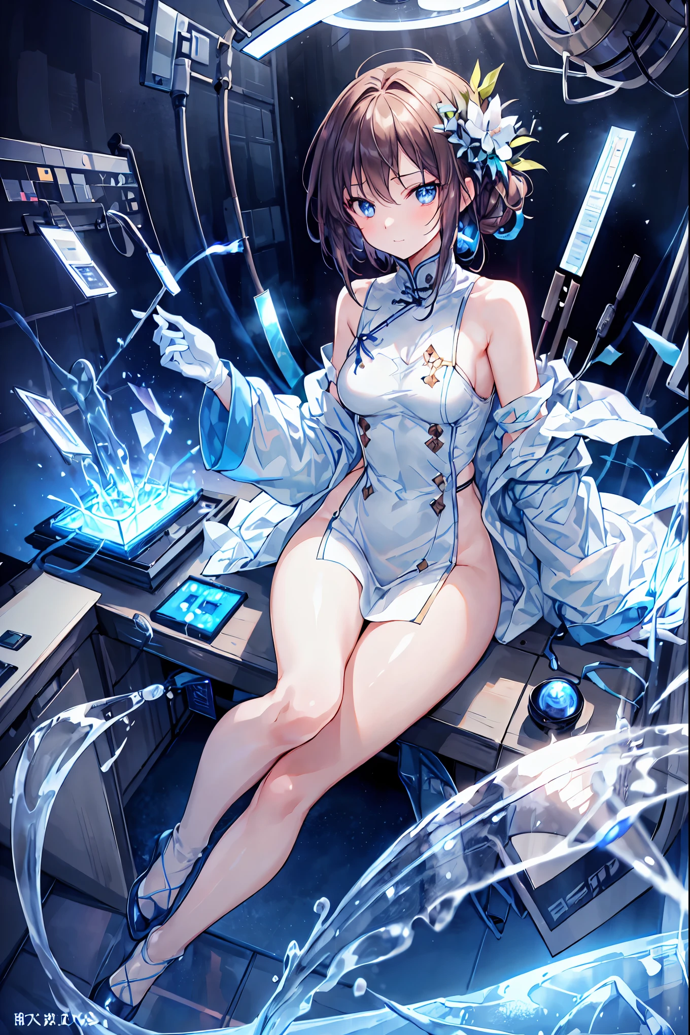 (((Forbidden Laboratory))), Dark laboratory equipment,Feeling nervous,Metallic Texture,Delicate Description,clean laboratory interior,scientist's experimental scene,Test tube,Medicines,gas emission device,spectrophotometer on the device,optical detector,computer terminal,complex chemical formula,laboratory desk and chair,hard glass dome,Background, fantasy, Amazing, ミラーレスカメラで撮影したfantasy 高品質,4K,8K,Photographer style,High-end,Countless beakers on the table,real,brown hair,shortcuts,unkempt hair,Short braided hair,Neat,slender beauty,correct attitude,small breasted,beautiful legs,The enchanting gray-blue eyes shine like stars,Saggy Eyes,Brilliant Colors,beautiful eyes,A delicate smile,Textured Skin,BEST QUALITY THE BEST,gentle and beautiful woman,anime style,fantasy,rich color,幻想的な実験室のBackground,Mysterious Atmosphere,Realistic light production,Contrast that rises in the dark,Dark laboratory equipment,Feeling nervous,Metallic Texture,Delicate Description,clean laboratory interior,scientist's experimental scene,Test tube,Medicines,gas emission device,spectrophotometer on the device,optical detector,computer terminal,complex chemical formula,laboratory desk and chair,hard glass dome,excellent quality,8K quality,Highly Detailed,写真的real,high definition,Professional,extremely detailed depiction of cooking Chinese food,physics-based rendering,Brilliant Colors彩,bokeh