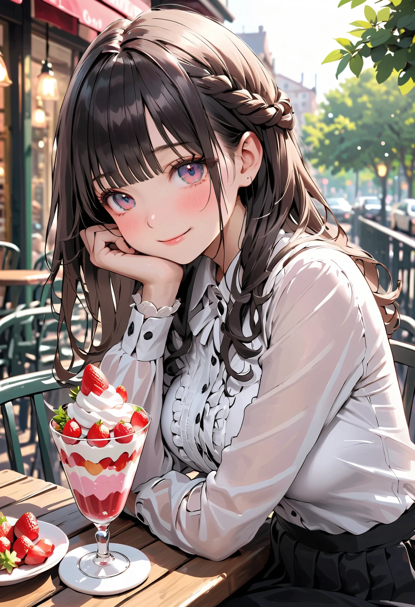 masterpiece, top-quality, ultra-high resolution, ultra detailed, realistic, photorealistic, 
beautiful detailed hair, (very detailed face:1.3), , (detailed eyes:1.3), detailed background, 
1 girl, high school girl, young, babyface, cute face:1.2, shiny skin, super detailed skin, tiny, 
(semi-long hair, half-up hairstyle, brown hair), blunt bangs, brown eyes, slant eyes, long eyelashes, (,  thighs), slender, outstanding style, 
detailed cloth texture, break (white blouses with lace and frills), break (mid-length skirt), break simple accessories, 
evening, cafe terrace seat, (strawberry parfait: 1.5), sitting on park bench, (lovely smile, shy, embarrassed, upper eyes), 