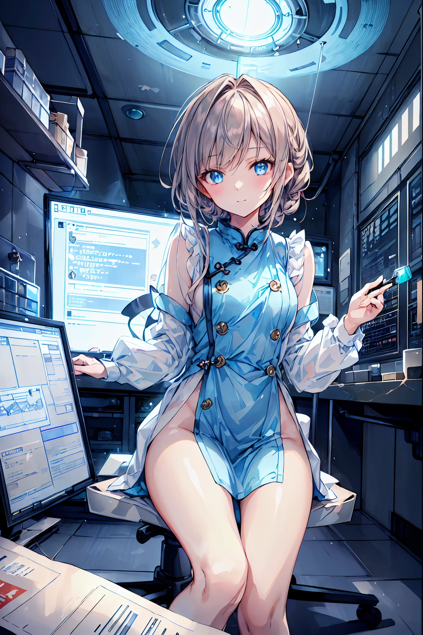 (((Forbidden Laboratory))), Dark laboratory equipment,Feeling nervous,Metallic Texture,Delicate Description,clean laboratory interior,scientist's experimental scene,Test tube,Medicines,gas emission device,spectrophotometer on the device,optical detector,computer terminal,complex chemical formula,laboratory desk and chair,hard glass dome,Background, fantasy, Amazing, ミラーレスカメラで撮影したfantasy 高品質,4K,8K,Photographer style,High-end,Countless beakers on the table,real,brown hair,shortcuts,unkempt hair,Short braided hair,Neat,slender beauty,correct attitude,small breasted,beautiful legs,The enchanting gray-blue eyes shine like stars,Saggy Eyes,Brilliant Colors,beautiful eyes,A delicate smile,Textured Skin,BEST QUALITY THE BEST,gentle and beautiful woman,anime style,fantasy,rich color,幻想的な実験室のBackground,Mysterious Atmosphere,Realistic light production,Contrast that rises in the dark,Dark laboratory equipment,Feeling nervous,Metallic Texture,Delicate Description,clean laboratory interior,scientist's experimental scene,Test tube,Medicines,gas emission device,spectrophotometer on the device,optical detector,computer terminal,complex chemical formula,laboratory desk and chair,hard glass dome,excellent quality,8K quality,Highly Detailed,写真的real,high definition,Professional,extremely detailed depiction of cooking Chinese food,physics-based rendering,Brilliant Colors彩,bokeh