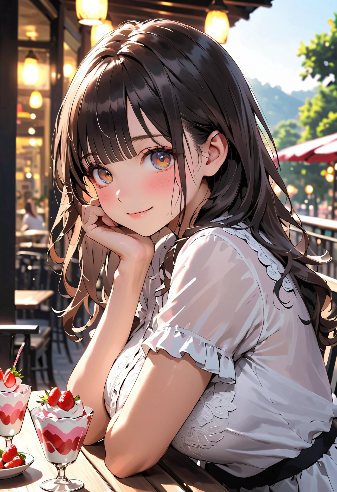 masterpiece, top-quality, ultra-high resolution, ultra detailed, realistic, photorealistic, 
beautiful detailed hair, (very detailed face:1.3), , (detailed eyes:1.3), detailed background, 
1 girl, high school girl, young, babyface, cute face:1.2, shiny skin, super detailed skin, tiny, 
(semi-long hair, half-up hairstyle, brown hair), blunt bangs, brown eyes, slant eyes, long eyelashes, (,  thighs), slender, outstanding style, 
detailed cloth texture, break (white blouses with lace and frills), break (mid-length skirt), break simple accessories, 
evening, cafe terrace seat, (strawberry parfait: 1.5), sitting on park bench, (lovely smile, shy, embarrassed, upper eyes), 