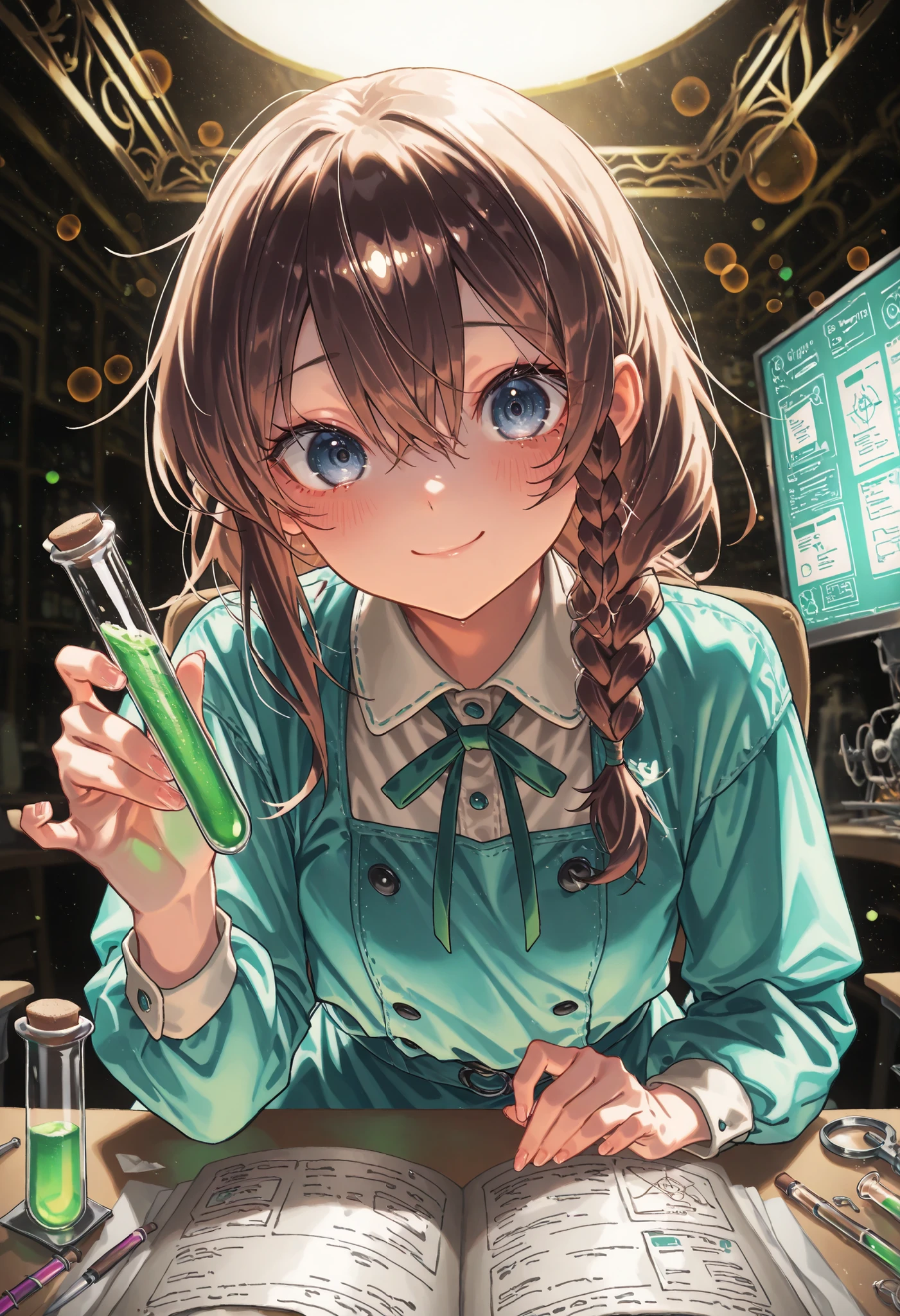(((Forbidden Laboratory))), Dark laboratory equipment,Feeling nervous,Metallic Texture,Delicate Description,clean laboratory interior,scientist's experimental scene,Test tube,Medicines,gas emission device,spectrophotometer on the device,optical detector,computer terminal,complex chemical formula,laboratory desk and chair,hard glass dome,Background, fantasy, Amazing, ミラーレスカメラで撮影したfantasy 高品質,4K,8K,Photographer style,High-end,Countless beakers on the table,real,brown hair,shortcuts,unkempt hair,Short braided hair,Neat,slender beauty,correct attitude,small breasted,beautiful legs,The enchanting gray-blue eyes shine like stars,Saggy Eyes,Brilliant Colors,beautiful eyes,A delicate smile,Textured Skin,BEST QUALITY THE BEST,gentle and beautiful woman,anime style,fantasy,rich color,幻想的な実験室のBackground,Mysterious Atmosphere,Realistic light production,Contrast that rises in the dark,Dark laboratory equipment,Feeling nervous,Metallic Texture,Delicate Description,clean laboratory interior,scientist's experimental scene,Test tube,Medicines,gas emission device,spectrophotometer on the device,optical detector,computer terminal,complex chemical formula,laboratory desk and chair,hard glass dome,excellent quality,8K quality,Highly Detailed,写真的real,high definition,Professional,extremely detailed depiction of cooking Chinese food,physics-based rendering,Brilliant Colors彩,bokeh