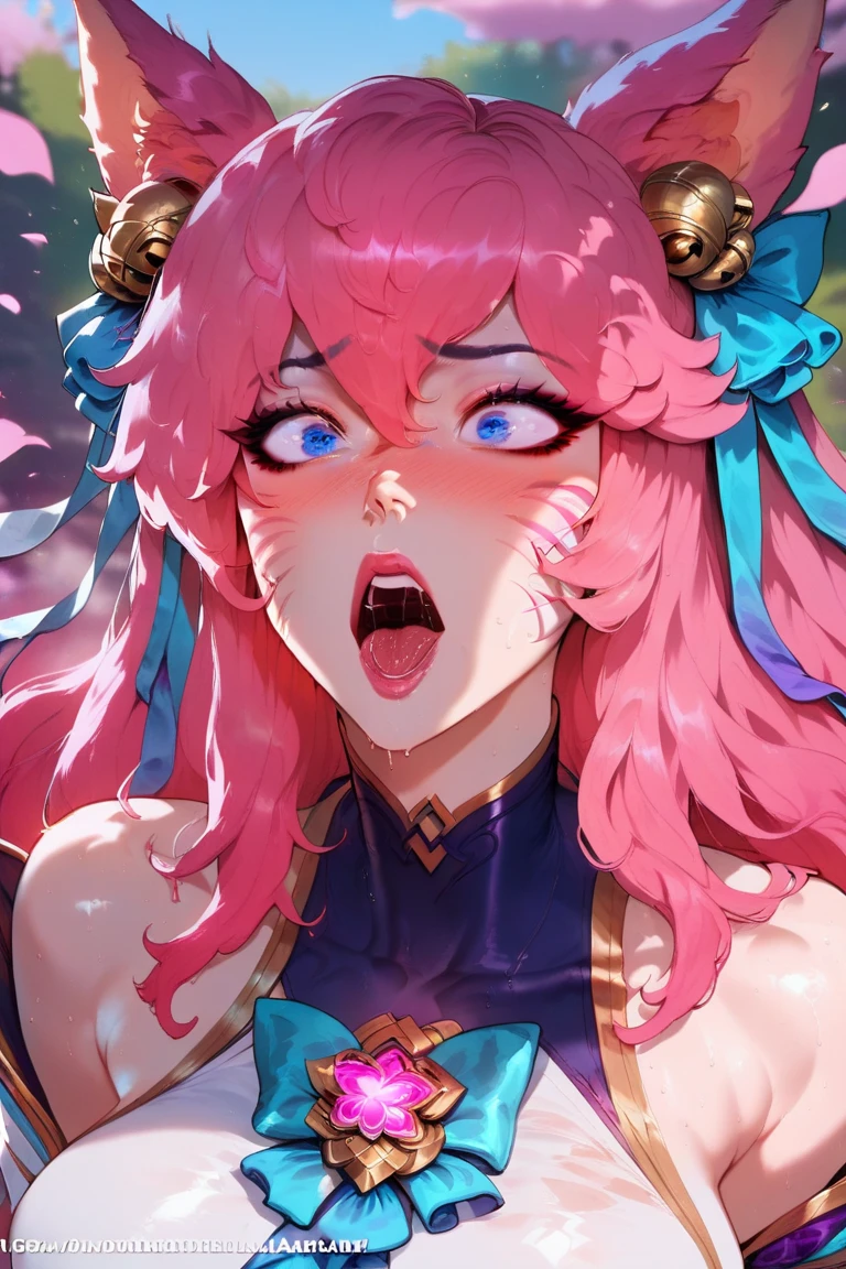 Beautiful face of dark magician gils, blue eyes. pink lips. Long blonde hair.  shoulders, angelic smile, beautiful well detailed face of dark magician gils. With his hands he makes the sign of love and peace.  His hands make a sign of peace and love.