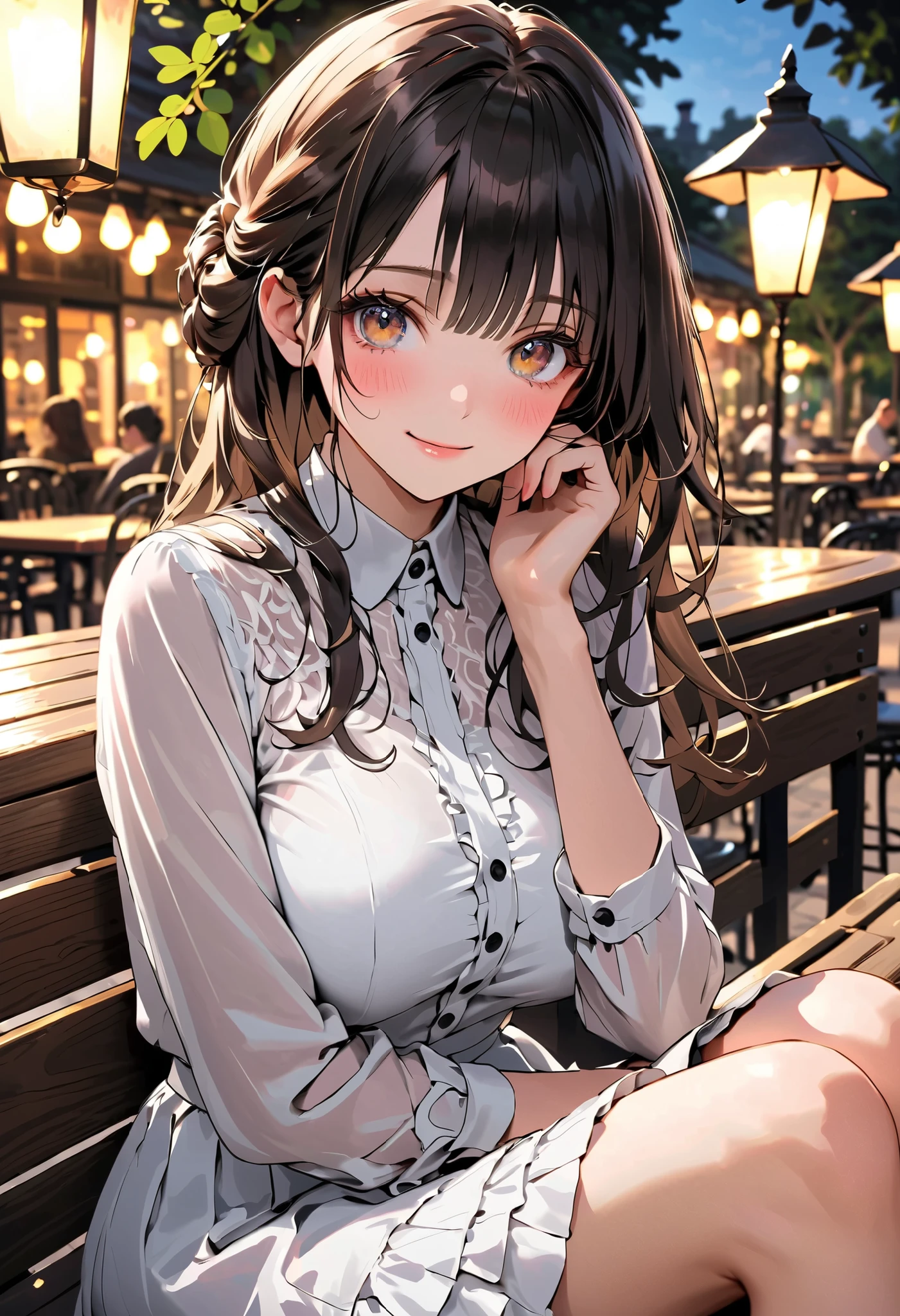 masterpiece, top-quality, ultra-high resolution, ultra detailed, realistic, photorealistic, 
beautiful detailed hair, (very detailed face:1.3), , (detailed eyes:1.3), detailed background, 
1 girl, high school girl, 17 years old, babyface, cute face:1.2, shiny skin, super detailed skin, tiny, 
(semi-long hair, half-updo, brown hair), blunt bangs, brown eyes, slant eyes, long eyelashes, (,  thighs), slender, outstanding style, 
detailed cloth texture, break (white blouses with lace and frills), break (mid-length skirt), break simple accessories, 
evening, cafe terrace seat, (strawberry parfait: 1.5), sitting on park bench, (lovely smile, shy, embarrassed, upper eyes), 