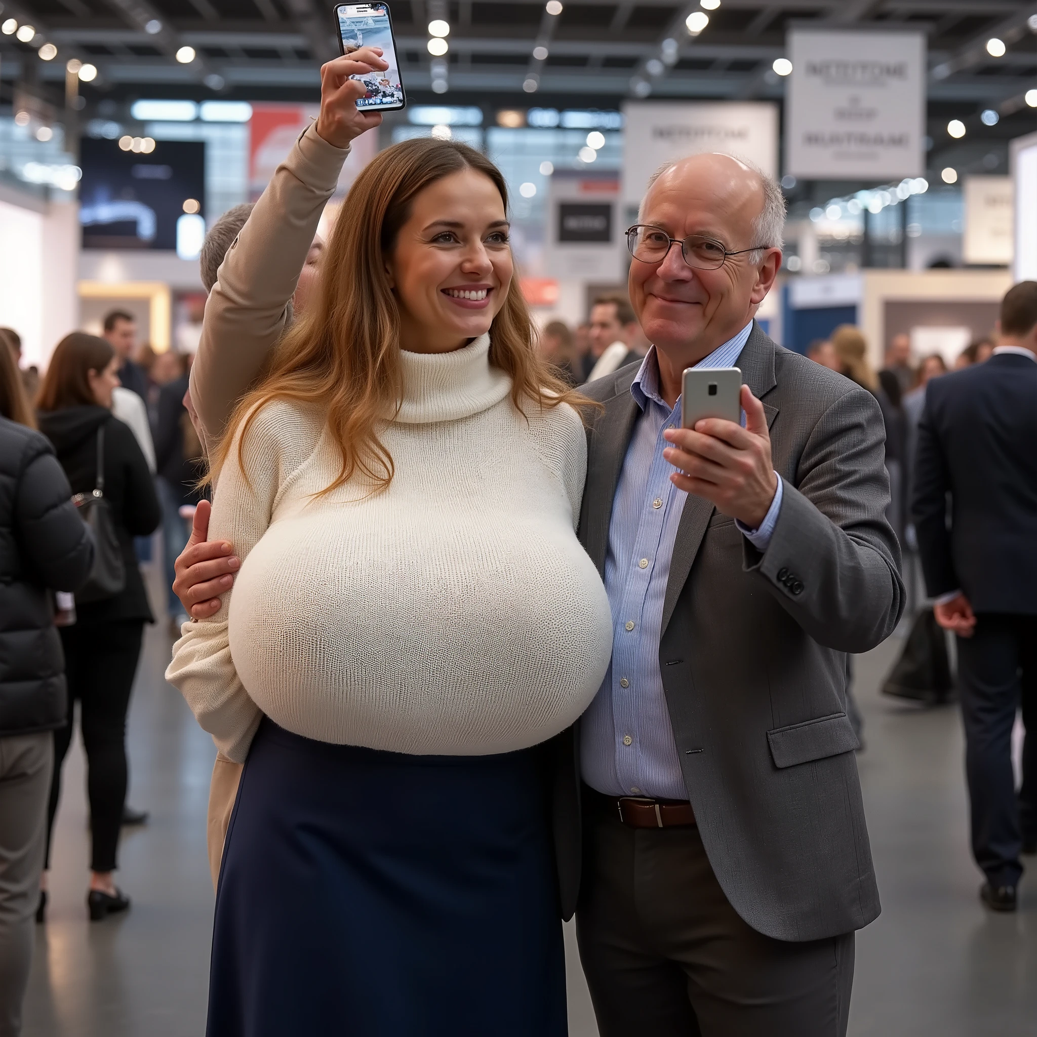 A 40 years old very beautiful hostess on a trade fair, long dark blonde wavy hair falling a little erotically over her left shoulder, she has huge massive low hanging sagging big breasts , ihre extrem riesigen und schweren Brüste hängen bei ihr hinunter bis zum Gürtel, ihre riesigen Brüste hängen hinunter bis zum Gürtel, large ass , slim waist, wide hips, high resolution, 4k. person full in frame, from head to toe.
The beautiful hostess is posing for a selfie with a 70 years old ugly male customer at the very crowded trade fair. Both persons are standing close to each other and the male customer holds the smartphone high to take the picture. The hostess is impeccably dressed in a cozy white knitted turtleneck top, dark a blue very long business skirt reaching down to her high heels.
