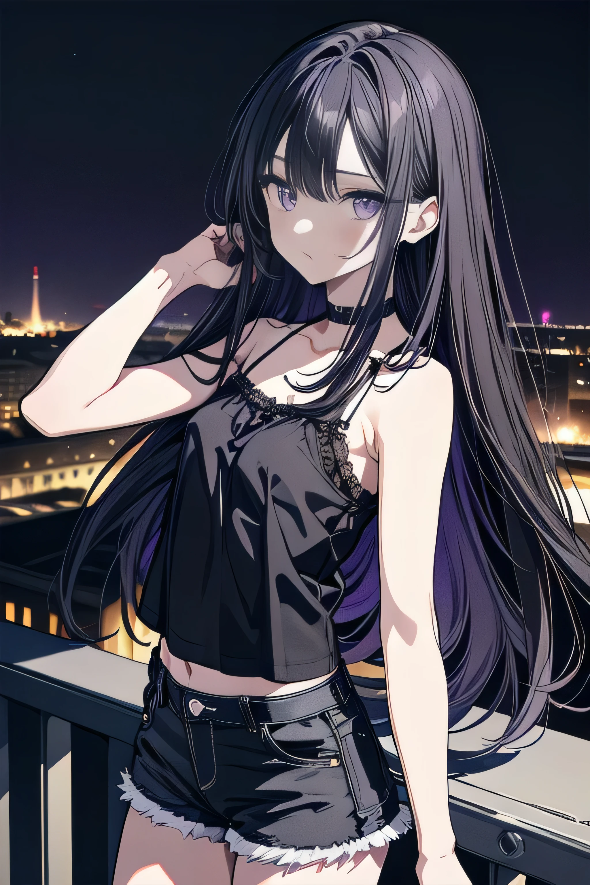 (masterpiece), (best quality), (ultra high resolution), (ultra detailed), High definition RAW color art, animation,sculpture, Silver Marble Skin, Ultra detailed elegant, finely detailed color, cenematic painting, (Top image quality), (Ultra Detailed), anime girl, model, ((one girl)), 20-years-old, cute face, black hair, absurdly long hair, straight hair, (violet eyes:1.2), purple eyes, standing, chocker, ((black camisole)), sleeveless, bare legs, short jeans, emotionless, slender body, small chest, urban, moon, moonlight, rooftop, city, night