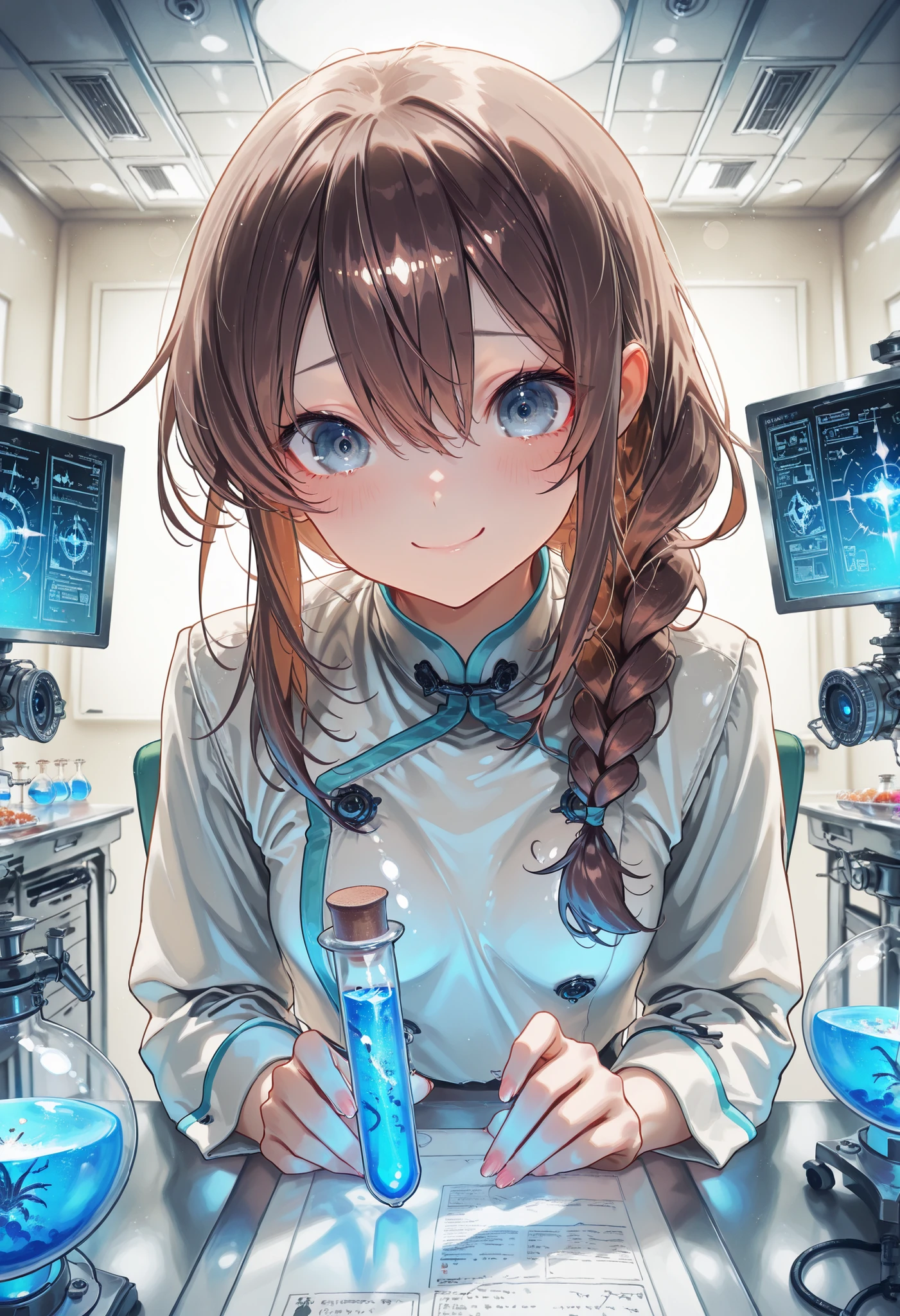 (((Forbidden Laboratory))), Dark laboratory equipment,Feeling nervous,Metallic Texture,Delicate Description,clean laboratory interior,scientist's experimental scene,Test tube,Medicines,gas emission device,spectrophotometer on the device,optical detector,computer terminal,complex chemical formula,laboratory desk and chair,hard glass dome,Background, fantasy, Amazing, ミラーレスカメラで撮影したfantasy 高品質,4K,8K,Photographer style,High-end,Countless beakers on the table,real,brown hair,shortcuts,unkempt hair,Short braided hair,Neat,slender beauty,correct attitude,small breasted,beautiful legs,The enchanting gray-blue eyes shine like stars,Saggy Eyes,Brilliant Colors,beautiful eyes,A delicate smile,Textured Skin,BEST QUALITY THE BEST,gentle and beautiful woman,anime style,fantasy,rich color,幻想的な実験室のBackground,Mysterious Atmosphere,Realistic light production,Contrast that rises in the dark,Dark laboratory equipment,Feeling nervous,Metallic Texture,Delicate Description,clean laboratory interior,scientist's experimental scene,Test tube,Medicines,gas emission device,spectrophotometer on the device,optical detector,computer terminal,complex chemical formula,laboratory desk and chair,hard glass dome,excellent quality,8K quality,Highly Detailed,写真的real,high definition,Professional,extremely detailed depiction of cooking Chinese food,physics-based rendering,Brilliant Colors彩,bokeh