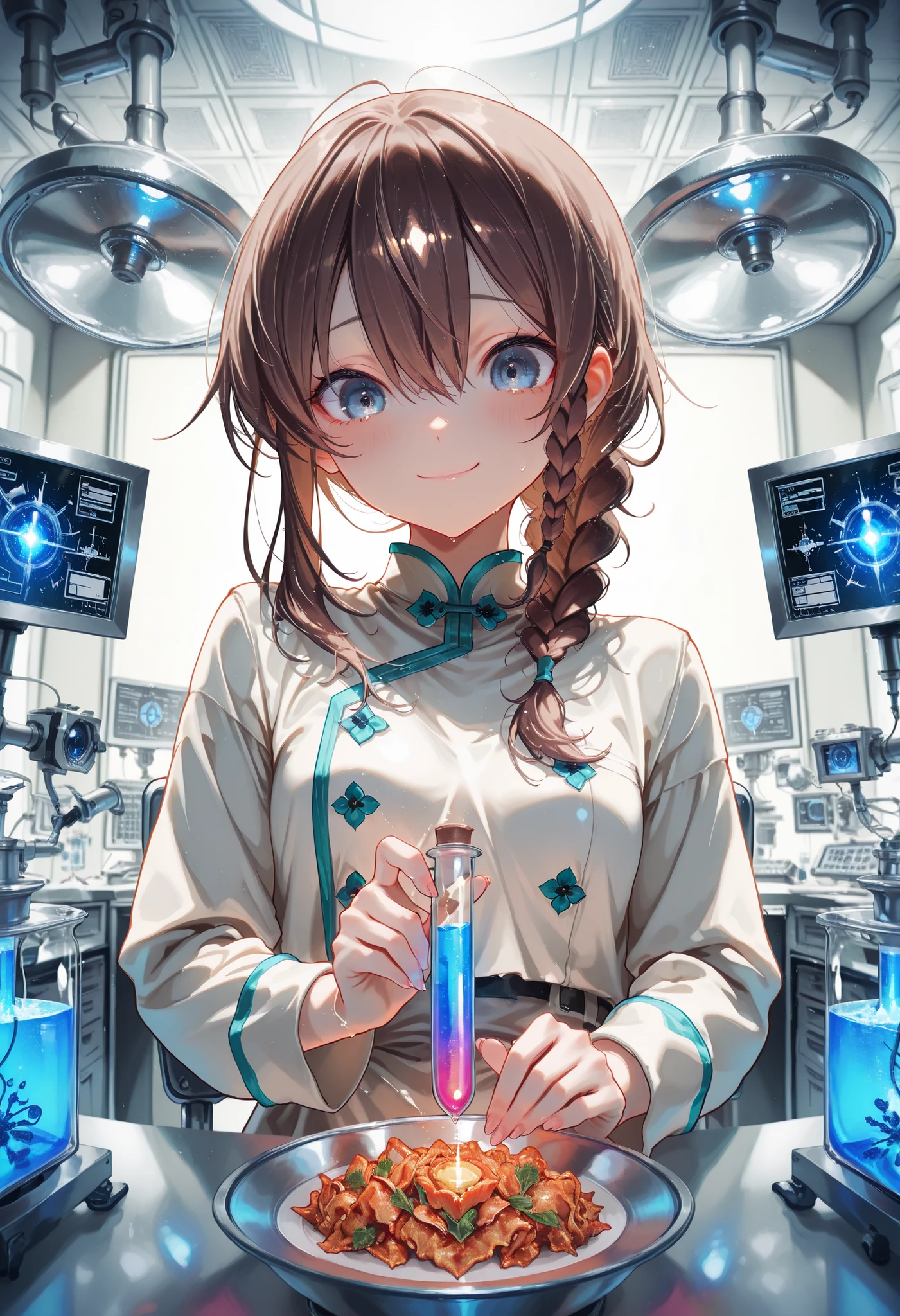 (((Forbidden Laboratory))), Dark laboratory equipment,Feeling nervous,Metallic Texture,Delicate Description,clean laboratory interior,scientist's experimental scene,Test tube,Medicines,gas emission device,spectrophotometer on the device,optical detector,computer terminal,complex chemical formula,laboratory desk and chair,hard glass dome,Background, fantasy, Amazing, ミラーレスカメラで撮影したfantasy 高品質,4K,8K,Photographer style,High-end,Countless beakers on the table,real,brown hair,shortcuts,unkempt hair,Short braided hair,Neat,slender beauty,correct attitude,small breasted,beautiful legs,The enchanting gray-blue eyes shine like stars,Saggy Eyes,Brilliant Colors,beautiful eyes,A delicate smile,Textured Skin,BEST QUALITY THE BEST,gentle and beautiful woman,anime style,fantasy,rich color,幻想的な実験室のBackground,Mysterious Atmosphere,Realistic light production,Contrast that rises in the dark,Dark laboratory equipment,Feeling nervous,Metallic Texture,Delicate Description,clean laboratory interior,scientist's experimental scene,Test tube,Medicines,gas emission device,spectrophotometer on the device,optical detector,computer terminal,complex chemical formula,laboratory desk and chair,hard glass dome,excellent quality,8K quality,Highly Detailed,写真的real,high definition,Professional,extremely detailed depiction of cooking Chinese food,physics-based rendering,Brilliant Colors彩,bokeh