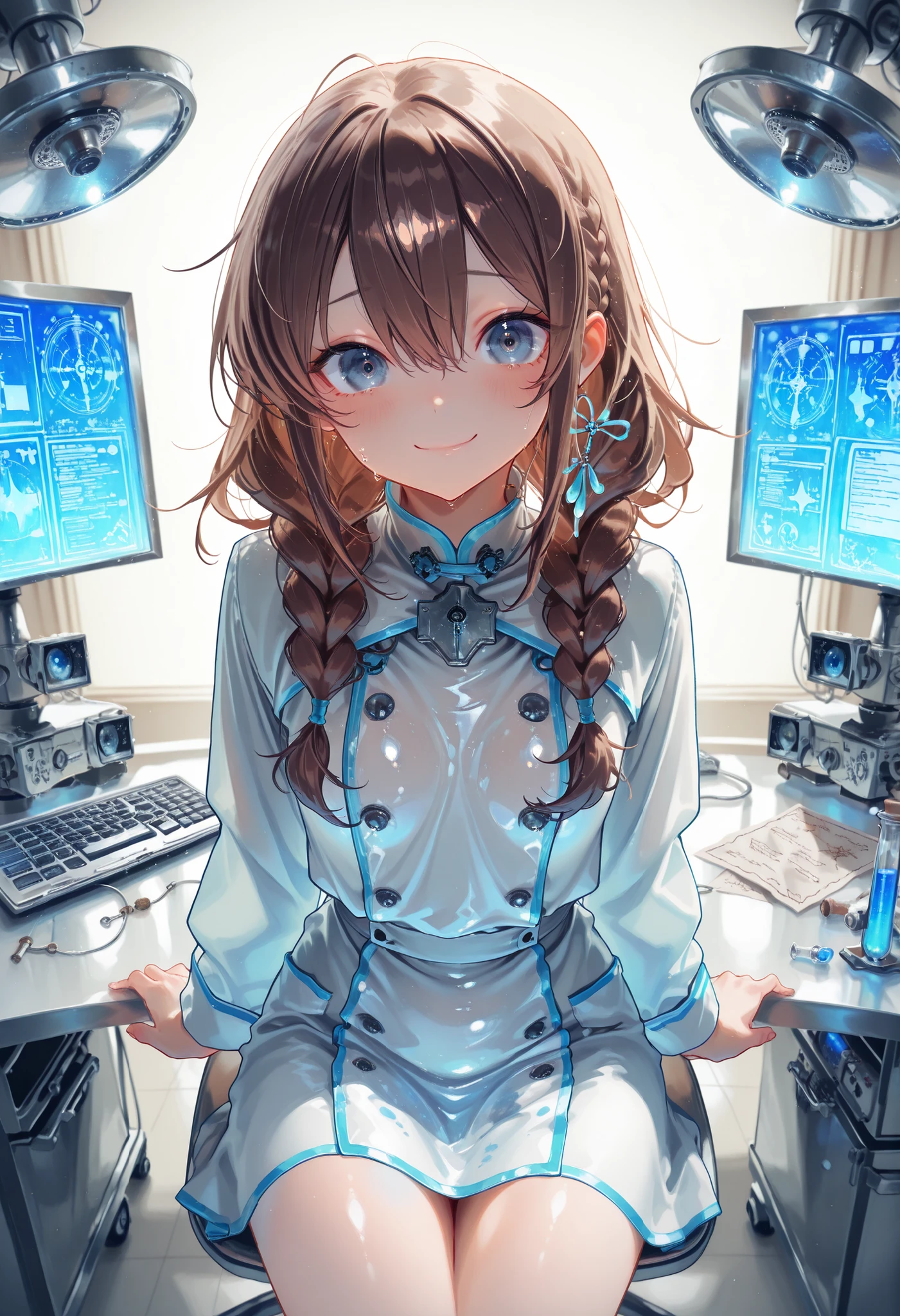 (((Forbidden Laboratory))), Dark laboratory equipment,Feeling nervous,Metallic Texture,Delicate Description,clean laboratory interior,scientist's experimental scene,Test tube,Medicines,gas emission device,spectrophotometer on the device,optical detector,computer terminal,complex chemical formula,laboratory desk and chair,hard glass dome,Background, fantasy, Amazing, ミラーレスカメラで撮影したfantasy 高品質,4K,8K,Photographer style,High-end,Countless beakers on the table,real,brown hair,shortcuts,unkempt hair,Short braided hair,Neat,slender beauty,correct attitude,small breasted,beautiful legs,The enchanting gray-blue eyes shine like stars,Saggy Eyes,Brilliant Colors,beautiful eyes,A delicate smile,Textured Skin,BEST QUALITY THE BEST,gentle and beautiful woman,anime style,fantasy,rich color,幻想的な実験室のBackground,Mysterious Atmosphere,Realistic light production,Contrast that rises in the dark,Dark laboratory equipment,Feeling nervous,Metallic Texture,Delicate Description,clean laboratory interior,scientist's experimental scene,Test tube,Medicines,gas emission device,spectrophotometer on the device,optical detector,computer terminal,complex chemical formula,laboratory desk and chair,hard glass dome,excellent quality,8K quality,Highly Detailed,写真的real,high definition,Professional,extremely detailed depiction of cooking Chinese food,physics-based rendering,Brilliant Colors彩,bokeh