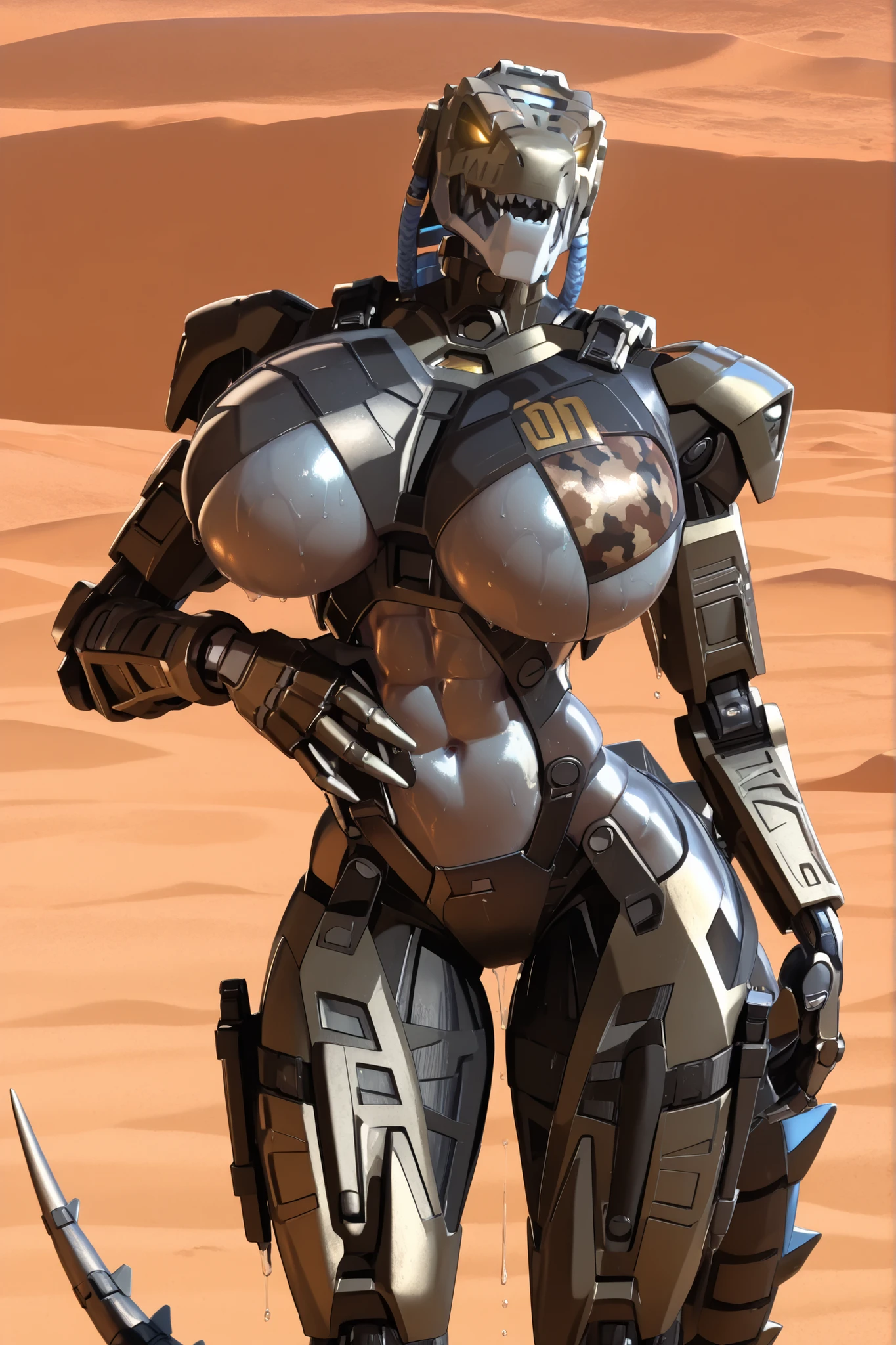 masterpiece, best quality, amazing quality, very aesthetic, high resolution, highly detailed, high quality, score_9, score_8_up, score_7_up , solo, muscular, roodaka, bionicle, anthro, dinosaur, lidded eyes, annoyed, glowing eyes, seductive pose, abs, breasts exposure, narrow waist, shiny body, metallic body, oiled body, jewelry, clothed, standing, gigantic breasts, gigantic thighs, sweaty, dripping, tail, beige body, dark grey body, desert camo, tactical vest, harness, crotch harness, 3d, render