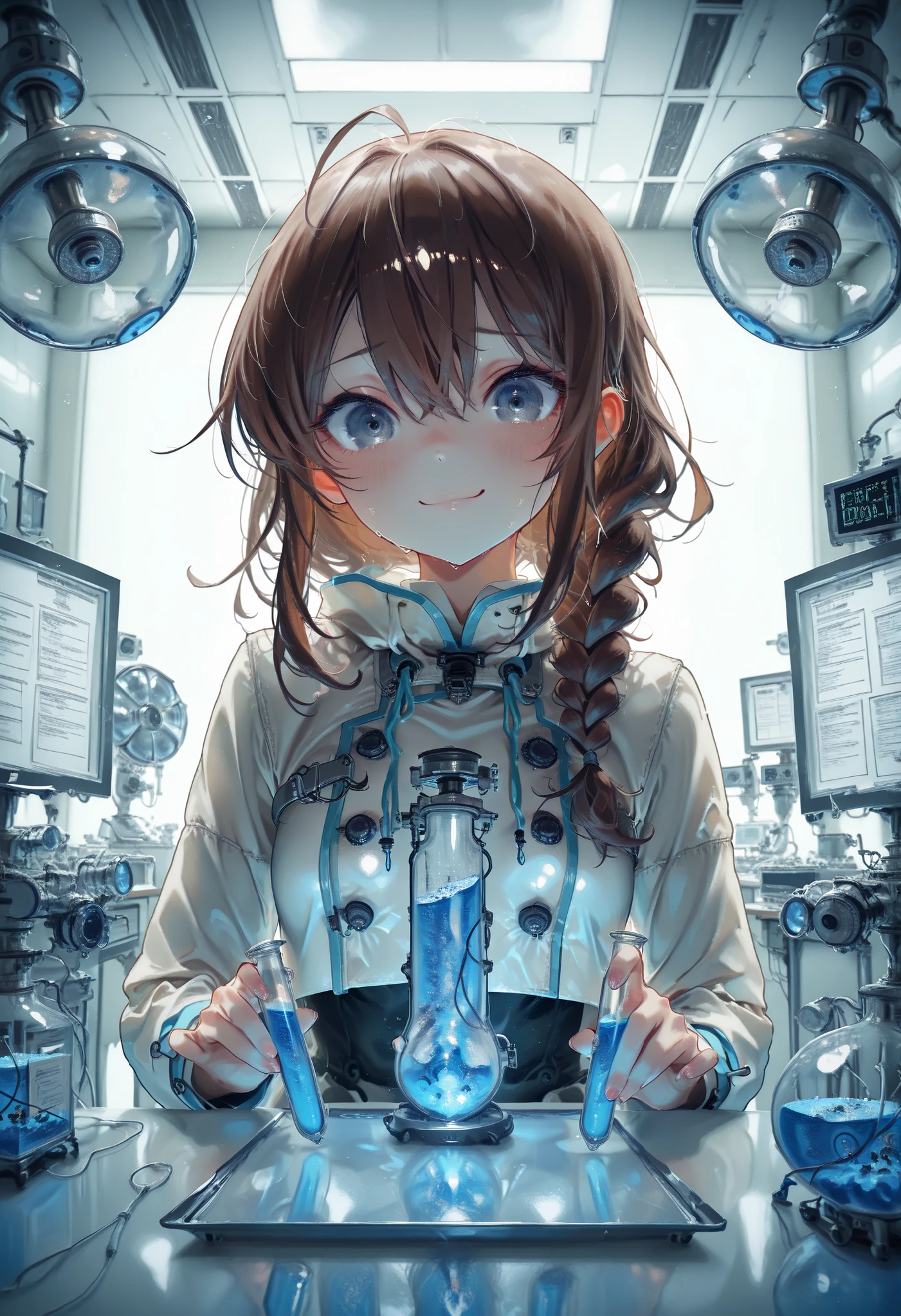 (((Forbidden Laboratory))), Dark laboratory equipment,Feeling nervous,Metallic Texture,Delicate Description，clean laboratory interior,scientist's experimental scene,Test tube,Medicines,gas emission device,spectrophotometer on the device,optical detector,computer terminal,complex chemical formula,laboratory desk and chair,hard glass dome,Background, fantasy, Amazing, ミラーレスカメラで撮影したfantasy 高品質,4K,8K,Photographer style,High-end,Countless beakers on the table，real,brown hair，shortcuts，unkempt hair，Short braided hair，Neat，slender beauty，correct attitude，small breasted，beautiful legs，The enchanting gray-blue eyes shine like stars，Saggy Eyes，Brilliant Colors,beautiful eyes,A delicate smile,Textured Skin,BEST QUALITY THE BEST,gentle and beautiful woman,anime style,fantasy,rich color,幻想的な実験室のBackground,Mysterious Atmosphere,Realistic light production,Contrast that rises in the dark,Dark laboratory equipment,Feeling nervous,Metallic Texture,Delicate Description，clean laboratory interior,scientist's experimental scene,Test tube,Medicines,gas emission device,spectrophotometer on the device,optical detector,computer terminal,complex chemical formula,laboratory desk and chair,hard glass dome,excellent quality,8K quality,Highly Detailed,写真的real,high definition,Professional,extremely detailed depiction of cooking Chinese food,physics-based rendering,Brilliant Colors彩,bokeh