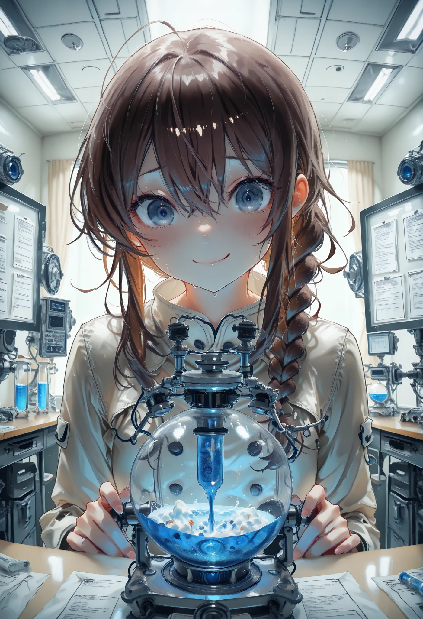 (((Forbidden Laboratory))), Dark laboratory equipment,Feeling nervous,Metallic Texture,Delicate Description，clean laboratory interior,scientist's experimental scene,Test tube,Medicines,gas emission device,spectrophotometer on the device,optical detector,computer terminal,complex chemical formula,laboratory desk and chair,hard glass dome,Background, fantasy, Amazing, ミラーレスカメラで撮影したfantasy 高品質,4K,8K,Photographer style,High-end,Countless beakers on the table，real,brown hair，shortcuts，unkempt hair，Short braided hair，Neat，slender beauty，correct attitude，small breasted，beautiful legs，The enchanting gray-blue eyes shine like stars，Saggy Eyes，Brilliant Colors,beautiful eyes,A delicate smile,Textured Skin,BEST QUALITY THE BEST,gentle and beautiful woman,anime style,fantasy,rich color,幻想的な実験室のBackground,Mysterious Atmosphere,Realistic light production,Contrast that rises in the dark,Dark laboratory equipment,Feeling nervous,Metallic Texture,Delicate Description，clean laboratory interior,scientist's experimental scene,Test tube,Medicines,gas emission device,spectrophotometer on the device,optical detector,computer terminal,complex chemical formula,laboratory desk and chair,hard glass dome,excellent quality,8K quality,Highly Detailed,写真的real,high definition,Professional,extremely detailed depiction of cooking Chinese food,physics-based rendering,Brilliant Colors彩,bokeh
