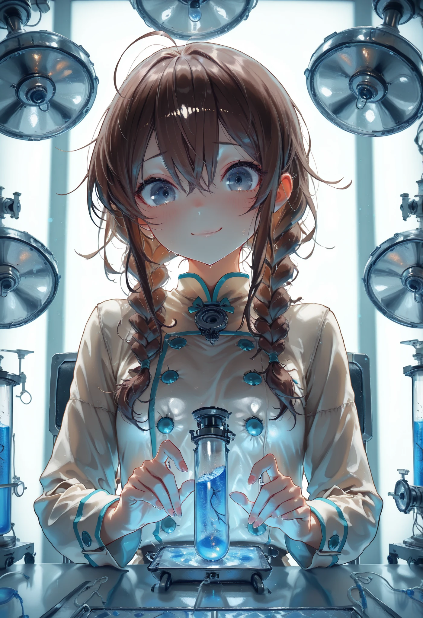 (((Forbidden Laboratory))), Dark laboratory equipment,Feeling nervous,Metallic Texture,Delicate Description，clean laboratory interior,scientist's experimental scene,Test tube,Medicines,gas emission device,spectrophotometer on the device,optical detector,computer terminal,complex chemical formula,laboratory desk and chair,hard glass dome,Background, fantasy, Amazing, ミラーレスカメラで撮影したfantasy 高品質,4K,8K,Photographer style,High-end,Countless beakers on the table，real,brown hair，shortcuts，unkempt hair，Short braided hair，Neat，slender beauty，correct attitude，small breasted，beautiful legs，The enchanting gray-blue eyes shine like stars，Saggy Eyes，Brilliant Colors,beautiful eyes,A delicate smile,Textured Skin,BEST QUALITY THE BEST,gentle and beautiful woman,anime style,fantasy,rich color,幻想的な実験室のBackground,Mysterious Atmosphere,Realistic light production,Contrast that rises in the dark,Dark laboratory equipment,Feeling nervous,Metallic Texture,Delicate Description，clean laboratory interior,scientist's experimental scene,Test tube,Medicines,gas emission device,spectrophotometer on the device,optical detector,computer terminal,complex chemical formula,laboratory desk and chair,hard glass dome,excellent quality,8K quality,Highly Detailed,写真的real,high definition,Professional,extremely detailed depiction of cooking Chinese food,physics-based rendering,Brilliant Colors彩,bokeh