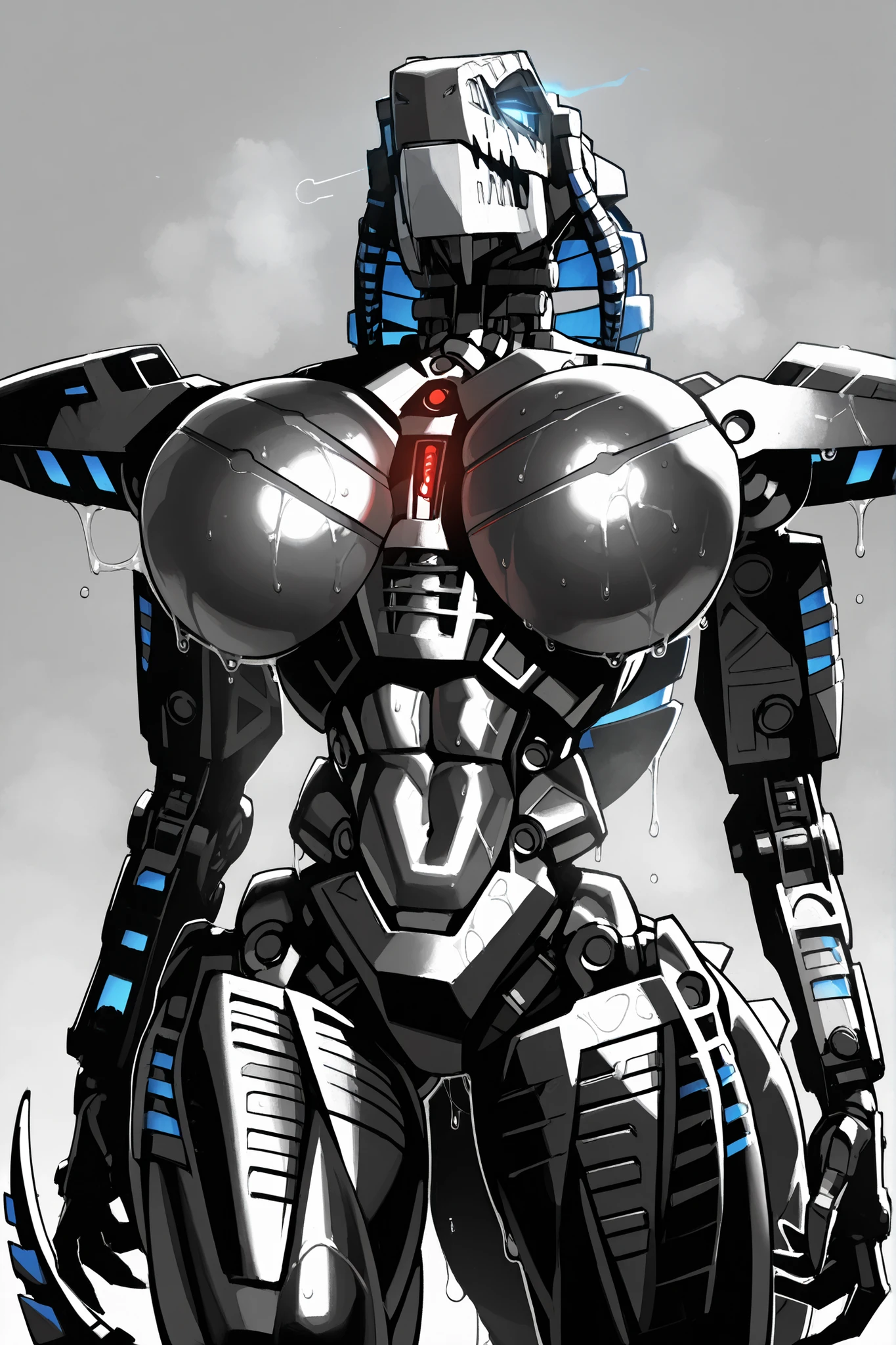 masterpiece, best quality, amazing quality, very aesthetic, high resolution, highly detailed, high quality, krekkov style, score_9, score_8_up, score_7_up , solo, muscular, roodaka, bionicle, anthro, dinosaur, lidded eyes, annoyed, glowing eyes, seductive pose, abs , breasts exposure, narrow waist, shiny body, metallic body, oiled body, jewelry, clothed, standing, massive breasts, massive thighs, sweaty, dripping, tail