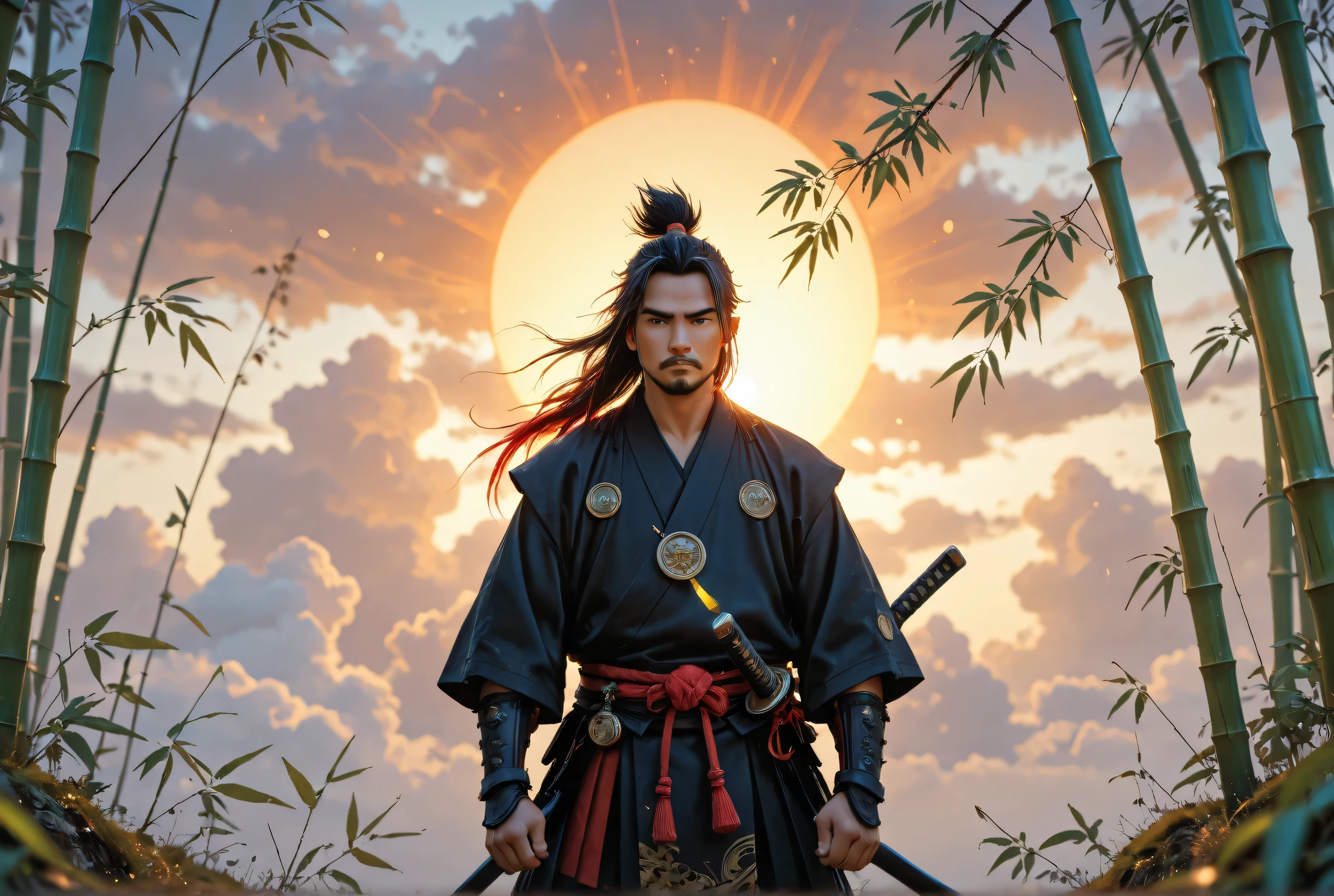 zavy-ctcmcs,w1n,hyp3rd3tail style, a samurai in the bamboo grove at sunset, a masculine samurai, holds an epic katana blade, the blade reflects light, dynamic hair color, epic bamboo grove, many branches, colorful, the sun rays come between bamboo, light reflection, it is sunset, some clouds, award winning, photorealism, depth of field, hyper realistic, Cinematic Shot, fantasy