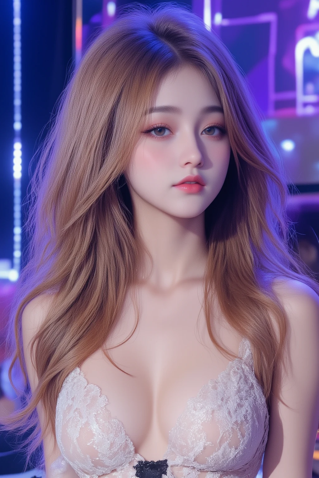 masterpiece, best quality, 8 thousand, 24 years old, photo beast, absurd, award-winning portraits, pure, korean beauty, spring, stage with electronic display, laces, cute, right, healthy, Beloved, perfect hands, A girl singing while holding a microphone in one hand, fluttering hair, Random Actions, 무작위 clothes, (clothes:random color),