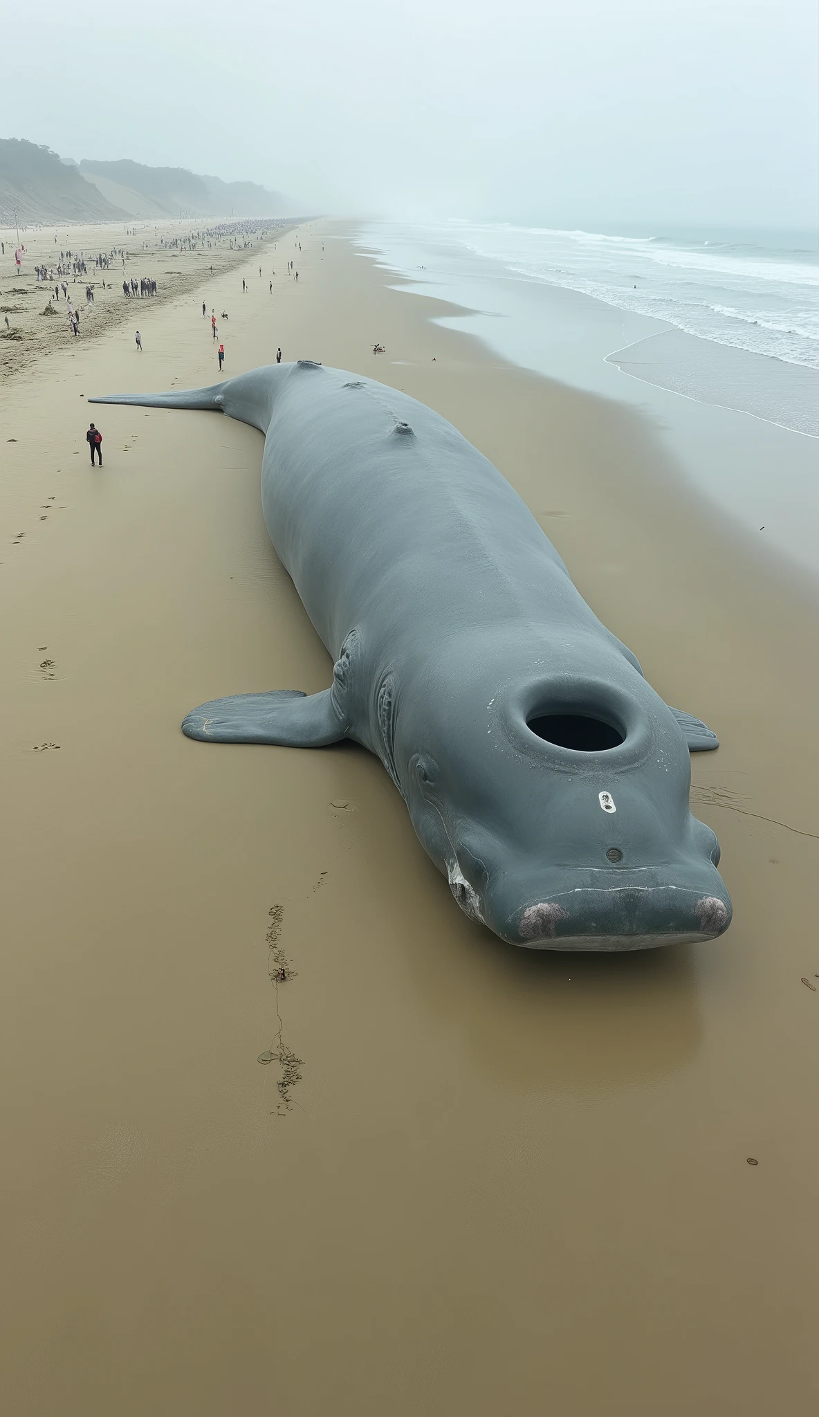 A high-angle, slightly surreal image shows a massive, smooth-skinned gray whale beached across a wide, tan shore, dominating the foreground in a hyperreal, uncanny style. It lies perpendicular to the coastline with its head tilted slightly toward the bottom center and its pectoral fins splayed on the sand; its mouth is slightly closed, giving a placid, lifeless look. A large, circular opening sits atop its head behind the blowhole, revealing a dark hollow, while the surrounding skin stretches around the aperture. In the distance, a vast crowd of tiny silhouettes lines the beach and water’s edge, with two slightly closer figures—one in dark clothing and one in red—observing the scene. The coastline and hazy ocean stretch into the background under soft, diffused, overcast light, creating a somber, dramatic atmosphere.