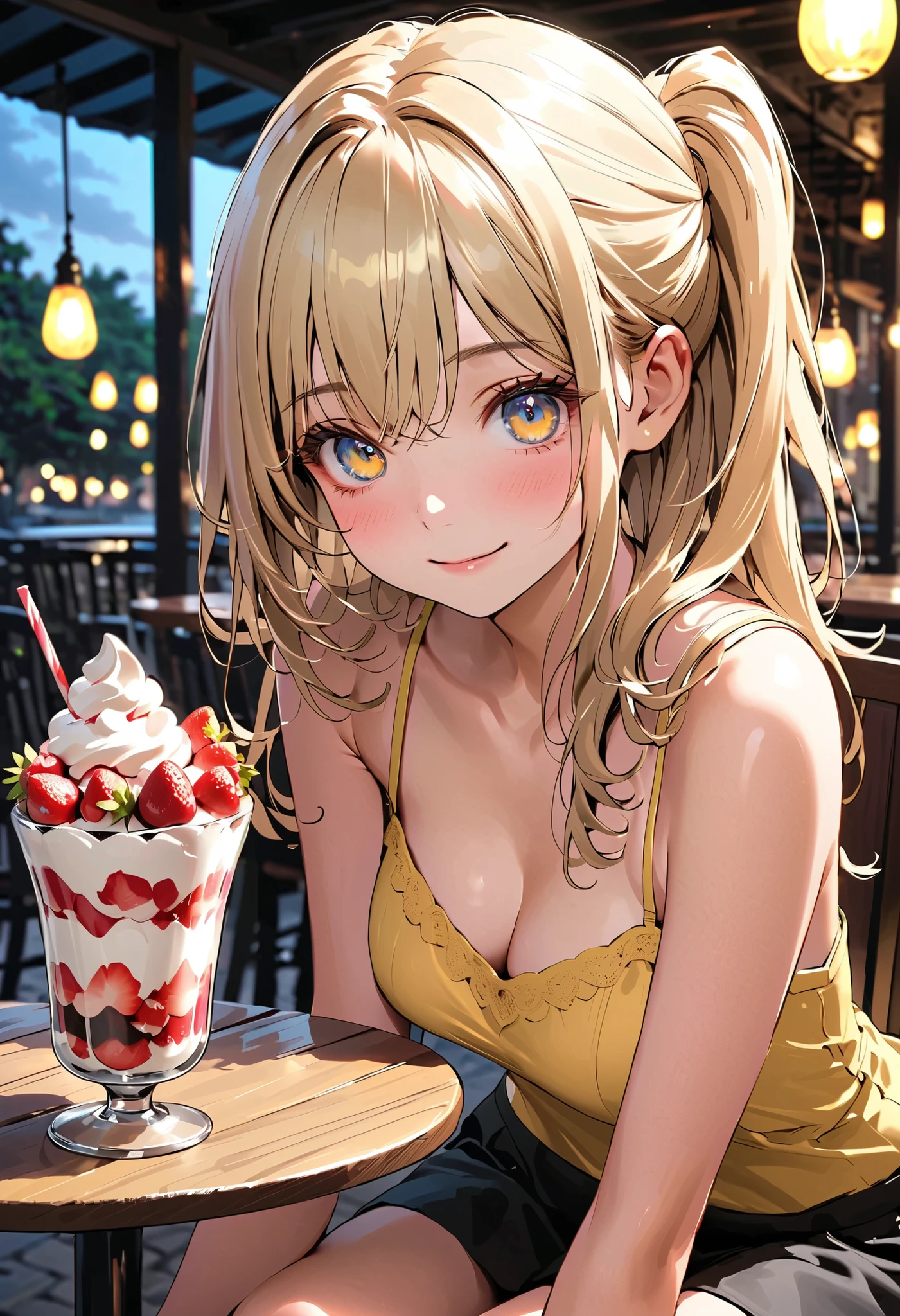 masterpiece, top-quality, ultra-high resolution, ultra detailed, realistic, photorealistic, 
beautiful detailed hair, (very detailed face:1.3), , (detailed eyes:1.3), detailed background, 
1 girl, high school girl, 17 years old, babyface, cute face:1.2, shiny skin, super detailed skin, tiny, 
(semi-long hair, side ponytail, blonde hair), asymmetrical bangs, light brown eyes, long eyelashes, (,  thighs), slender, outstanding style, 
detailed cloth texture, break (yellow camisole), break (black mini skirt), break simple accessories, 
evening, cafe terrace seat, (strawberry parfait: 1.5), sitting, (lovely smile, shy, embarrassed, upper eyes), 
