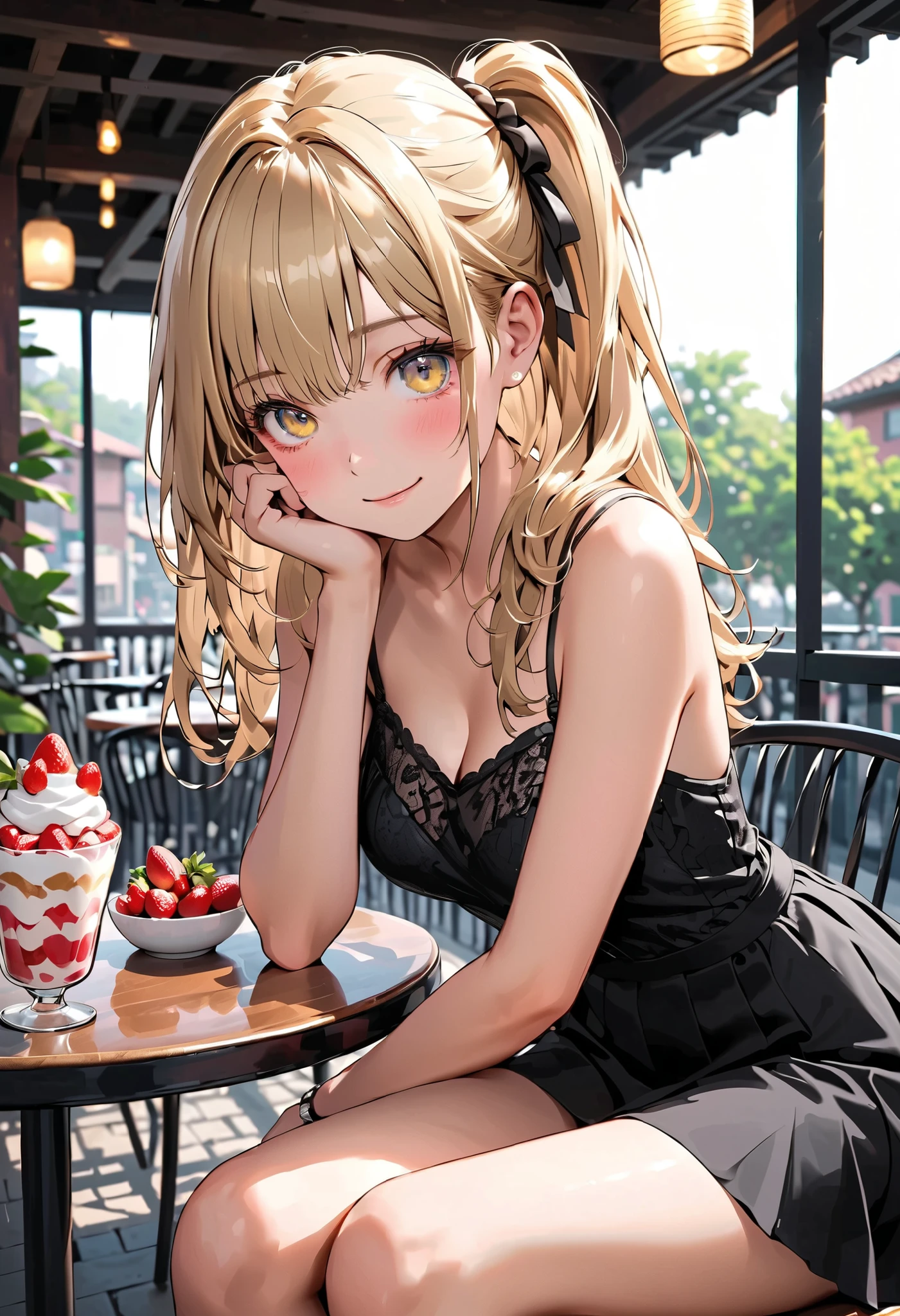 masterpiece, top-quality, ultra-high resolution, ultra detailed, realistic, photorealistic, 
beautiful detailed hair, (very detailed face:1.3), , (detailed eyes:1.3), detailed background, 
1 girl, high school girl, 17 years old, babyface, cute face:1.2, shiny skin, super detailed skin, tiny, 
(semi-long hair, side ponytail, blonde hair), asymmetrical bangs, light brown eyes, long eyelashes, (,  thighs), slender, outstanding style, 
detailed cloth texture, break (yellow camisole), break (black mini skirt), break simple accessories, 
evening, cafe terrace seat, (strawberry parfait: 1.5), sitting, (lovely smile, shy, embarrassed, upper eyes), 