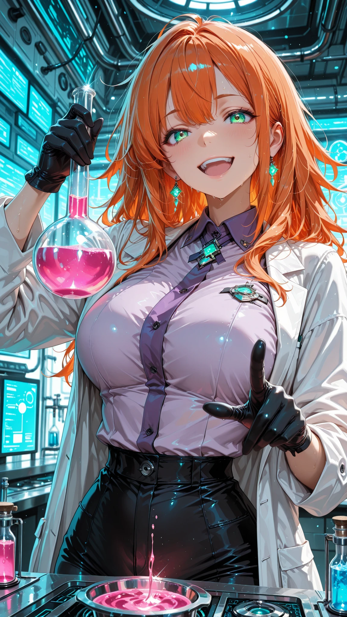 rich anime, (masterpiece:1.2), (best quality), ultra detailed, 8K, anime style, 1girl, beautiful female mad scientist, long orange hair, messy hair, green eyes, white lab coat over purple collared shirt, black pants, large breasts, flushed cheeks, sweat, black gloves, excited expression, crazy smile, holding a flask filled with glowing pink liquid, the liquid stable inside the flask, pointing at the flask with her left hand, laboratory background filled with scientific colorful equipment, upper body close-up, cinematic lighting, glowing reflections on glassware, focused on the scientist, scientific atmosphere, realistic laboratory setting, stunning anime illustration